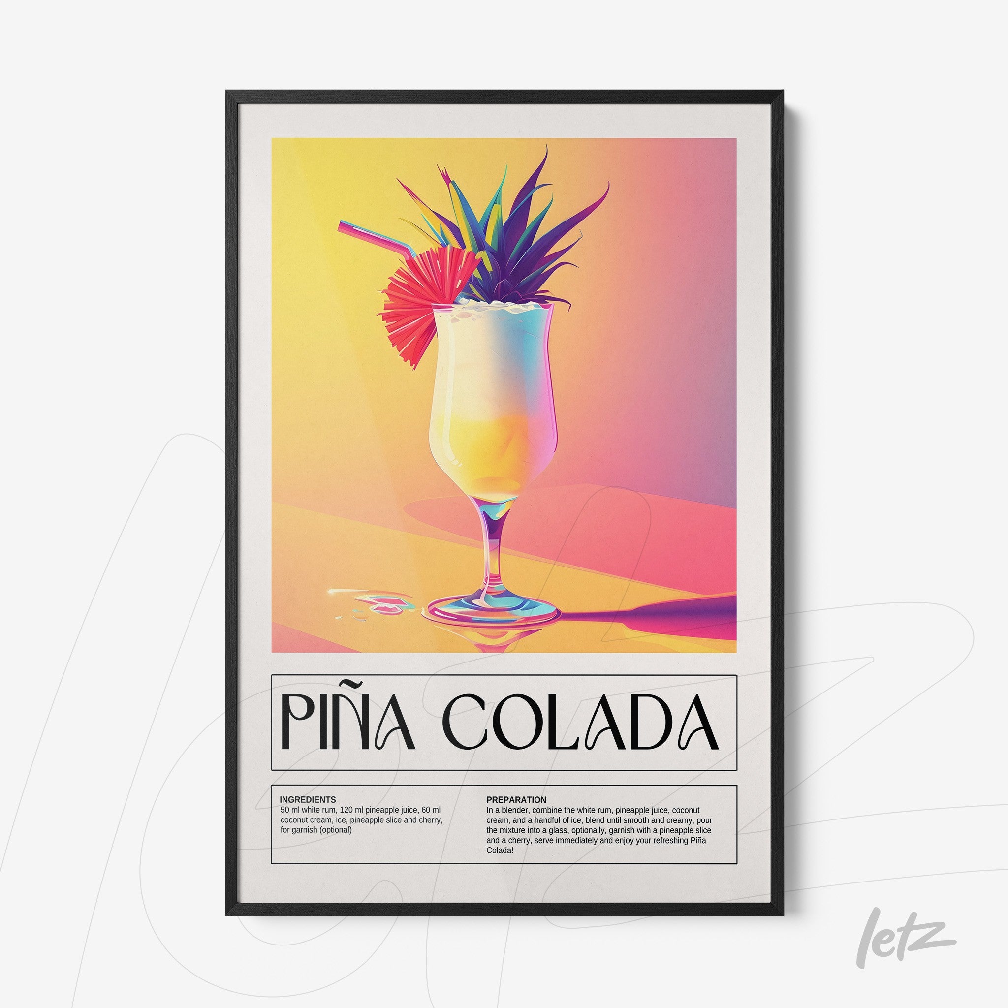 framed artwork of piña colada cocktail with a black thin frame and colorful softly lit background