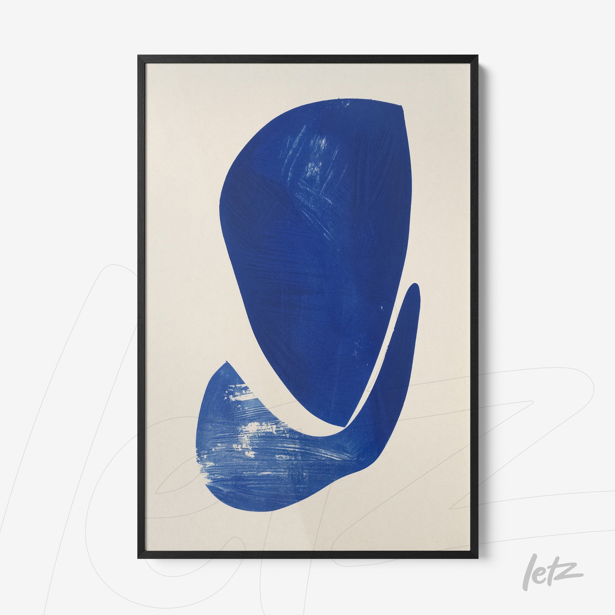 abstract wall art in blue tones on light background with thin black frame