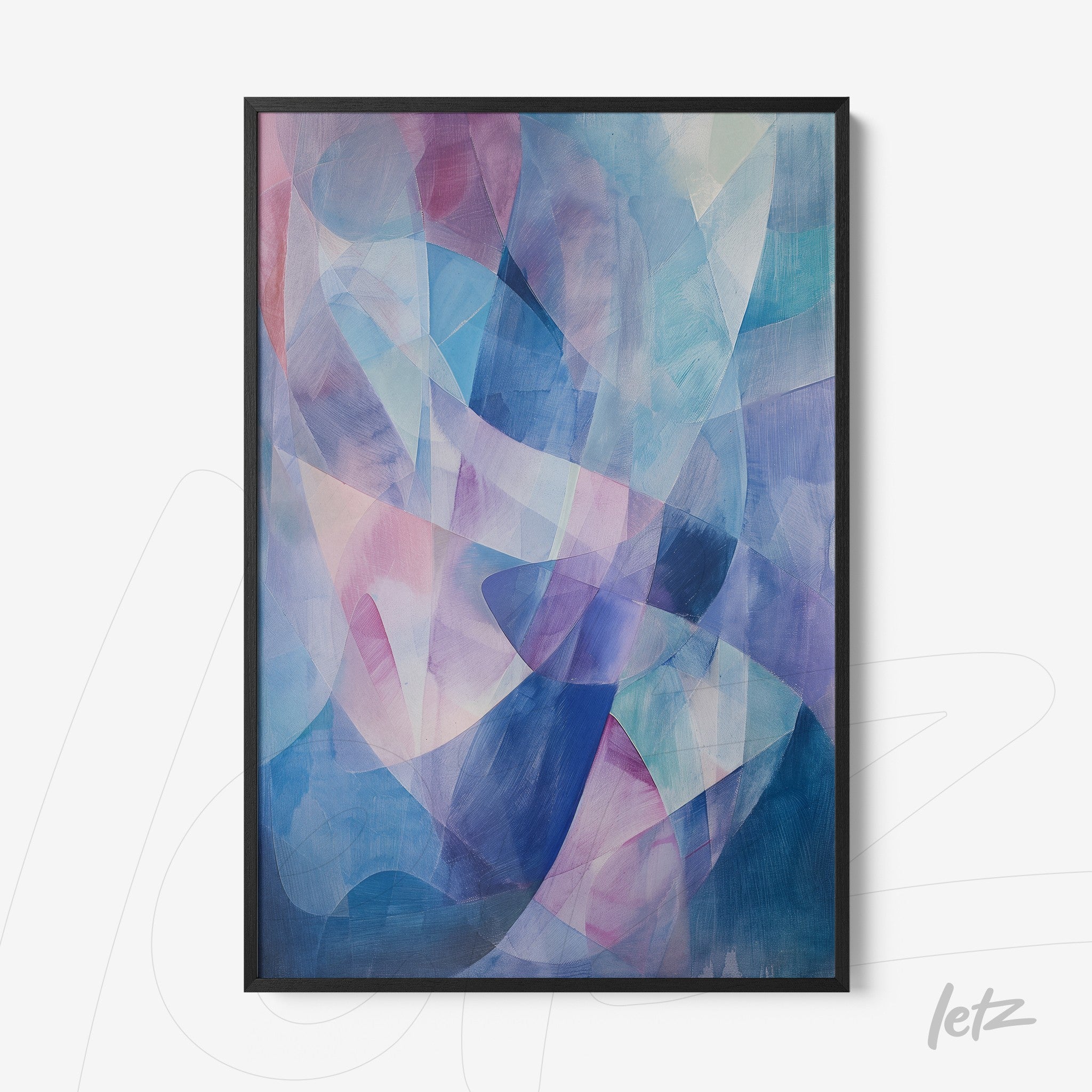 abstract wall art in shades of blue and pink with a black frame