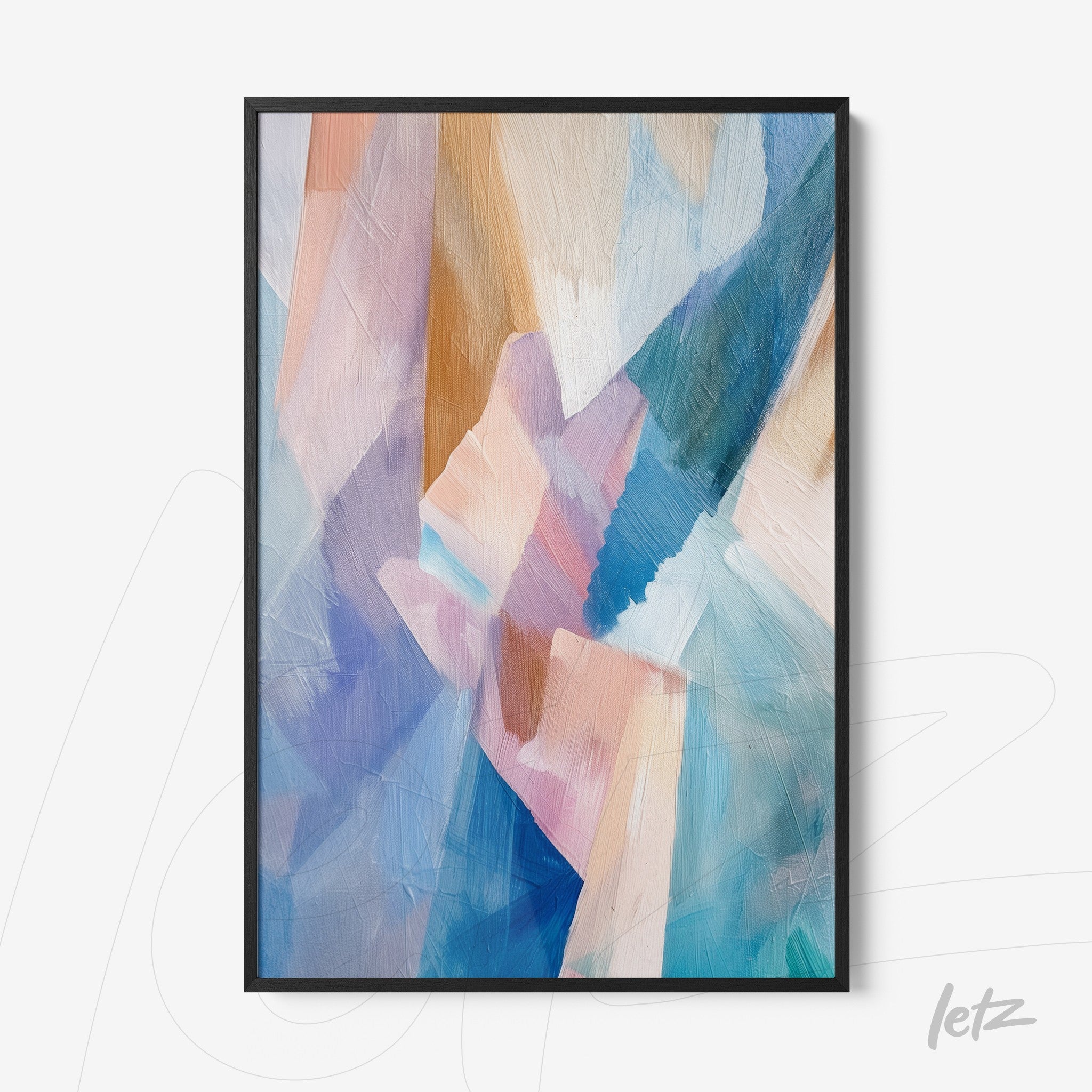framed abstract painting in shades of blue and pink with smooth textures