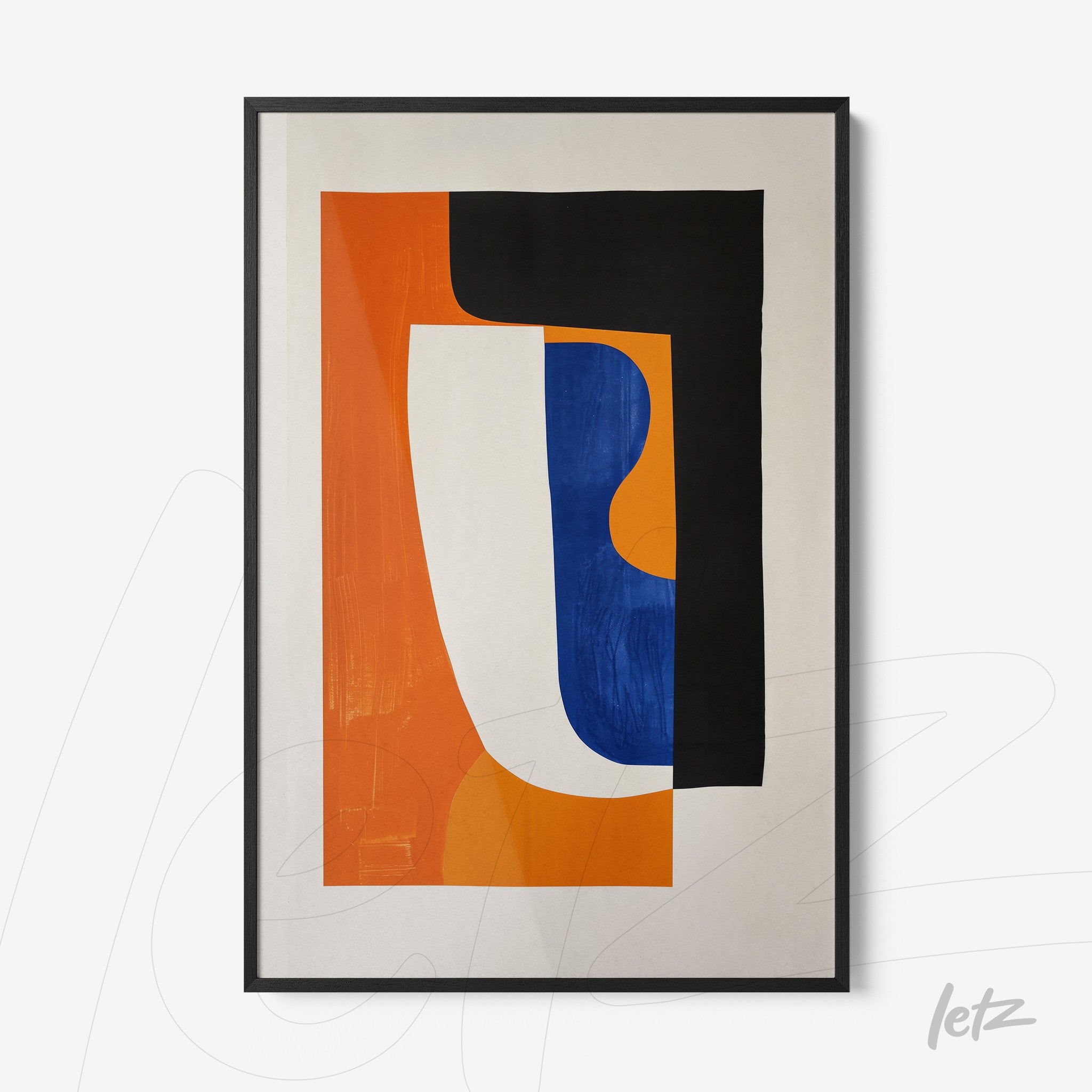 framed wall art featuring an abstract illustration in vibrant orange, blue, and black colors