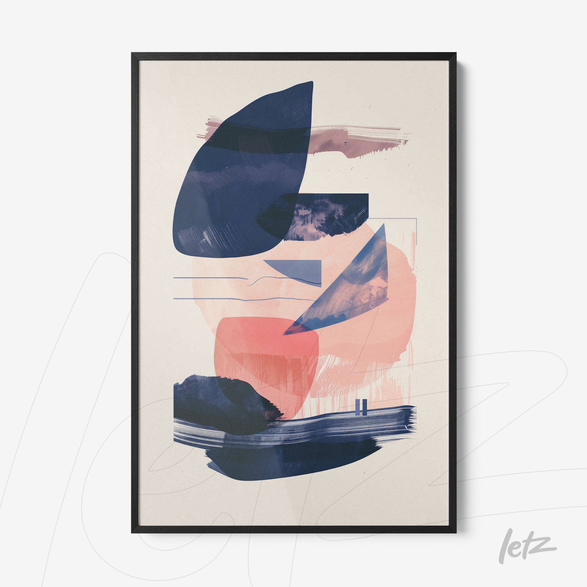 framed abstract wall art featuring solid shapes in shades of blue and pink