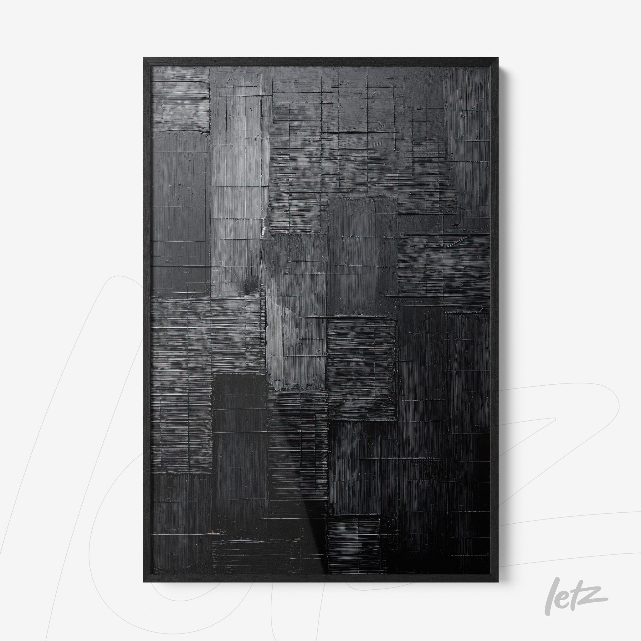 abstract wall art in shades of black featuring a textured pattern with black frame