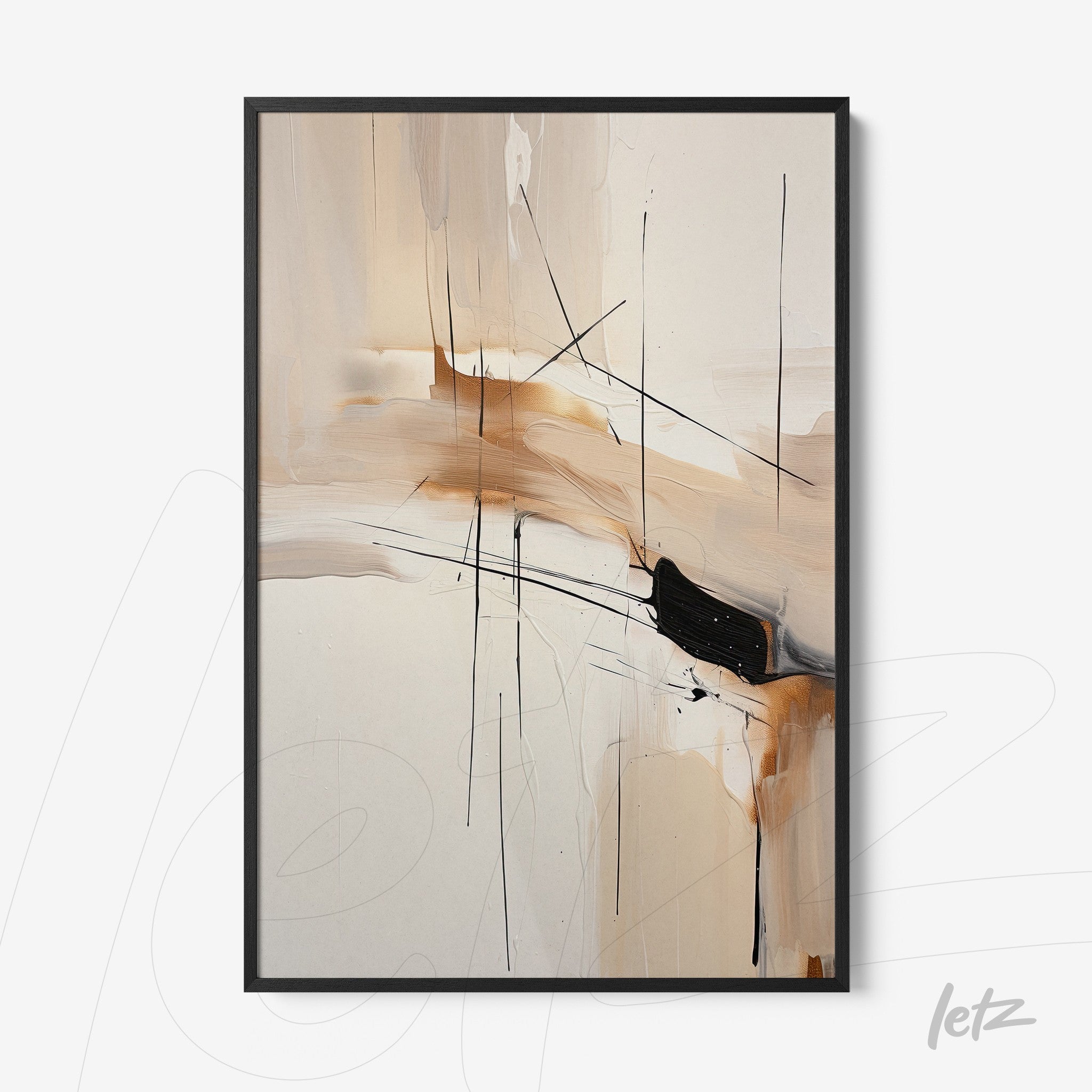 abstract artwork with organic shapes in earthy tones and fine black lines in black frame