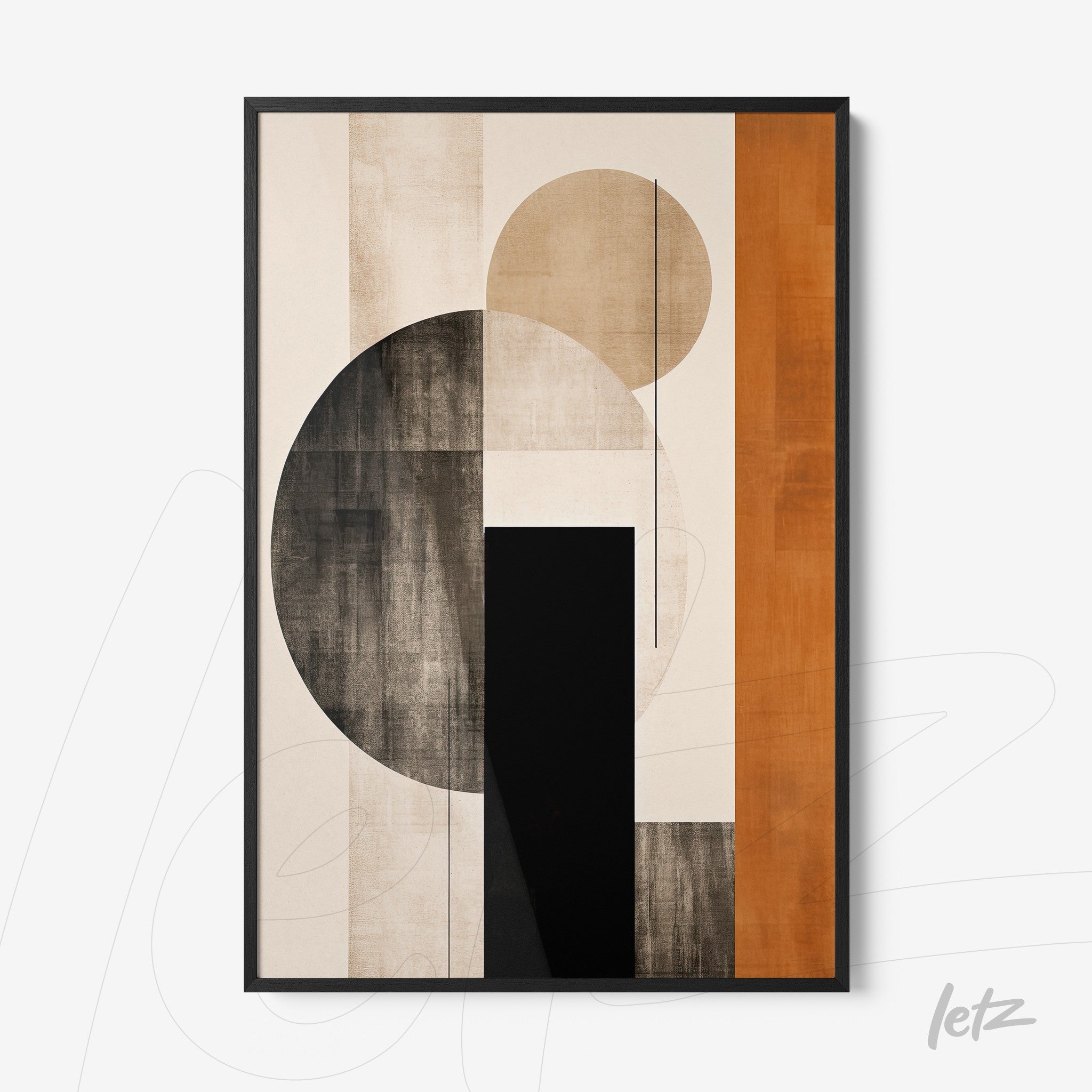 framed abstract art piece in earthy tones featuring geometric shapes like circles and rectangles