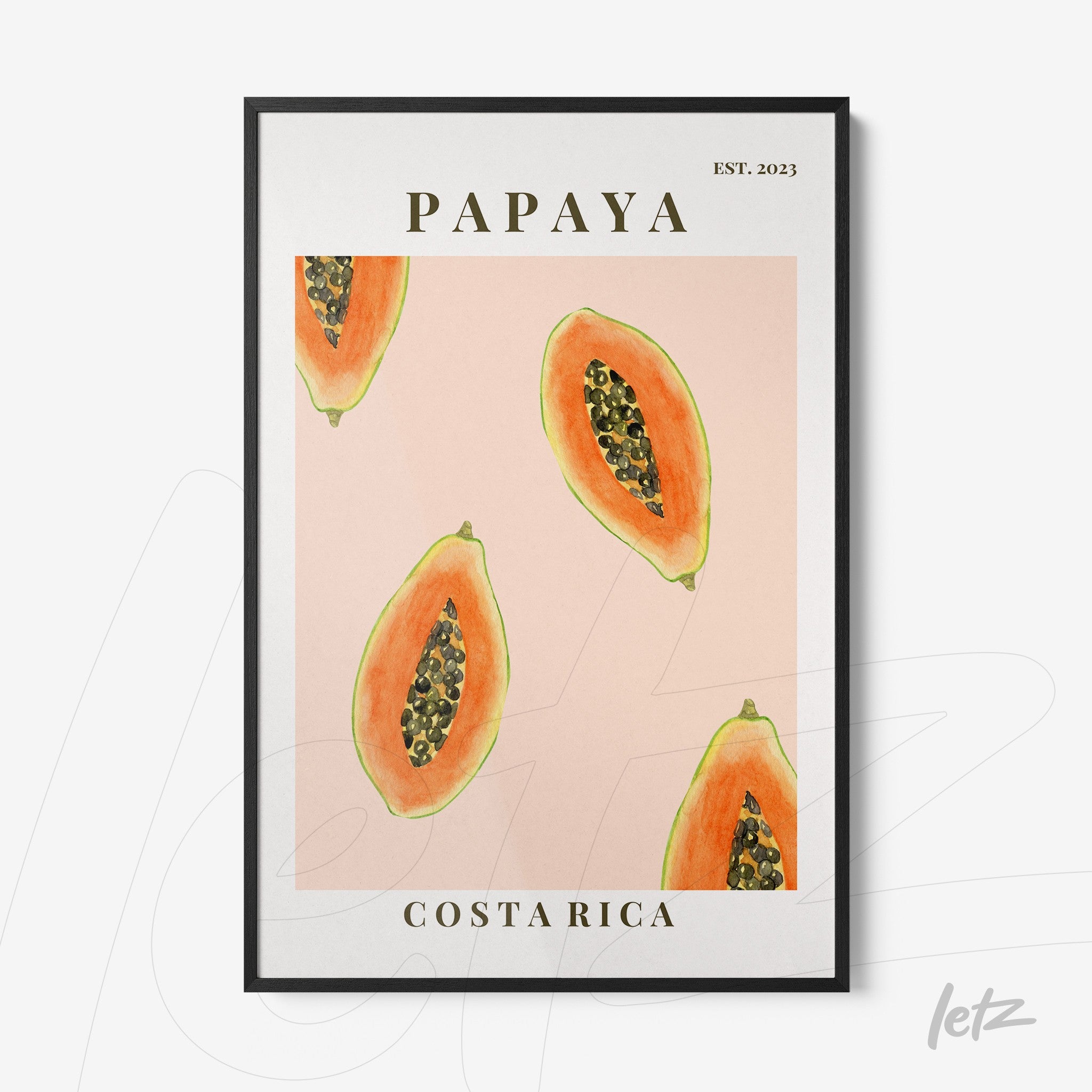 decorative wall art featuring papaya illustrations on a pink background with a bold title at the top and geographical information at the bottom