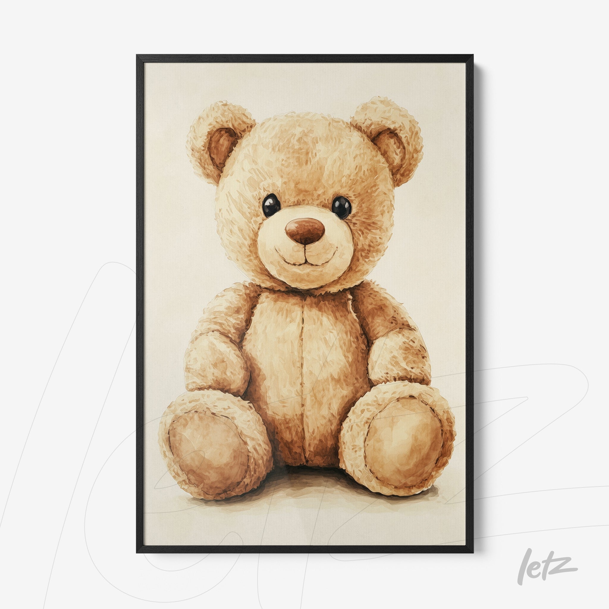 watercolor style framed art of a teddy bear with thin black frame