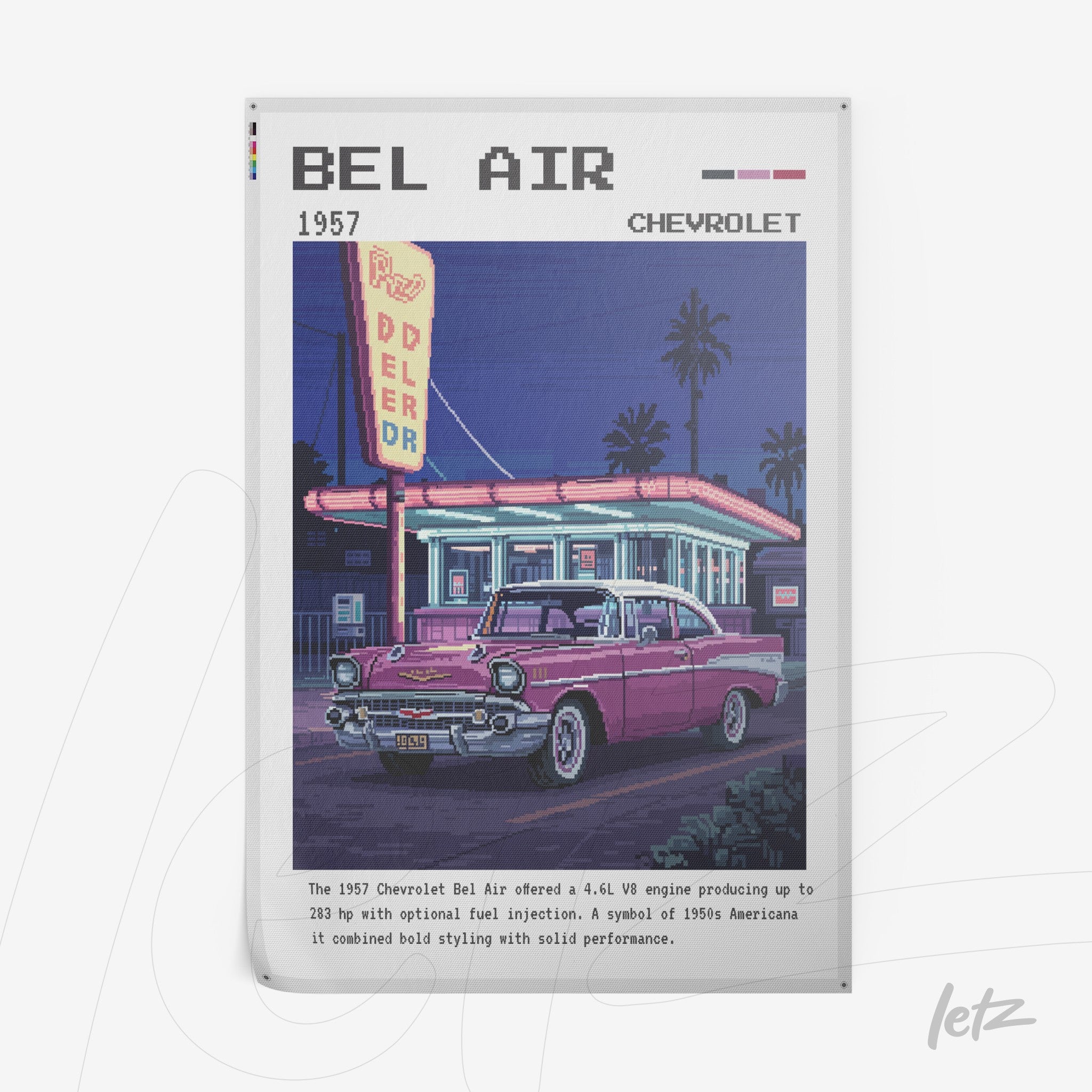 digital retro artwork of the 1957 Chevrolet Bel Air featuring a pink car under neon lights at a gas station