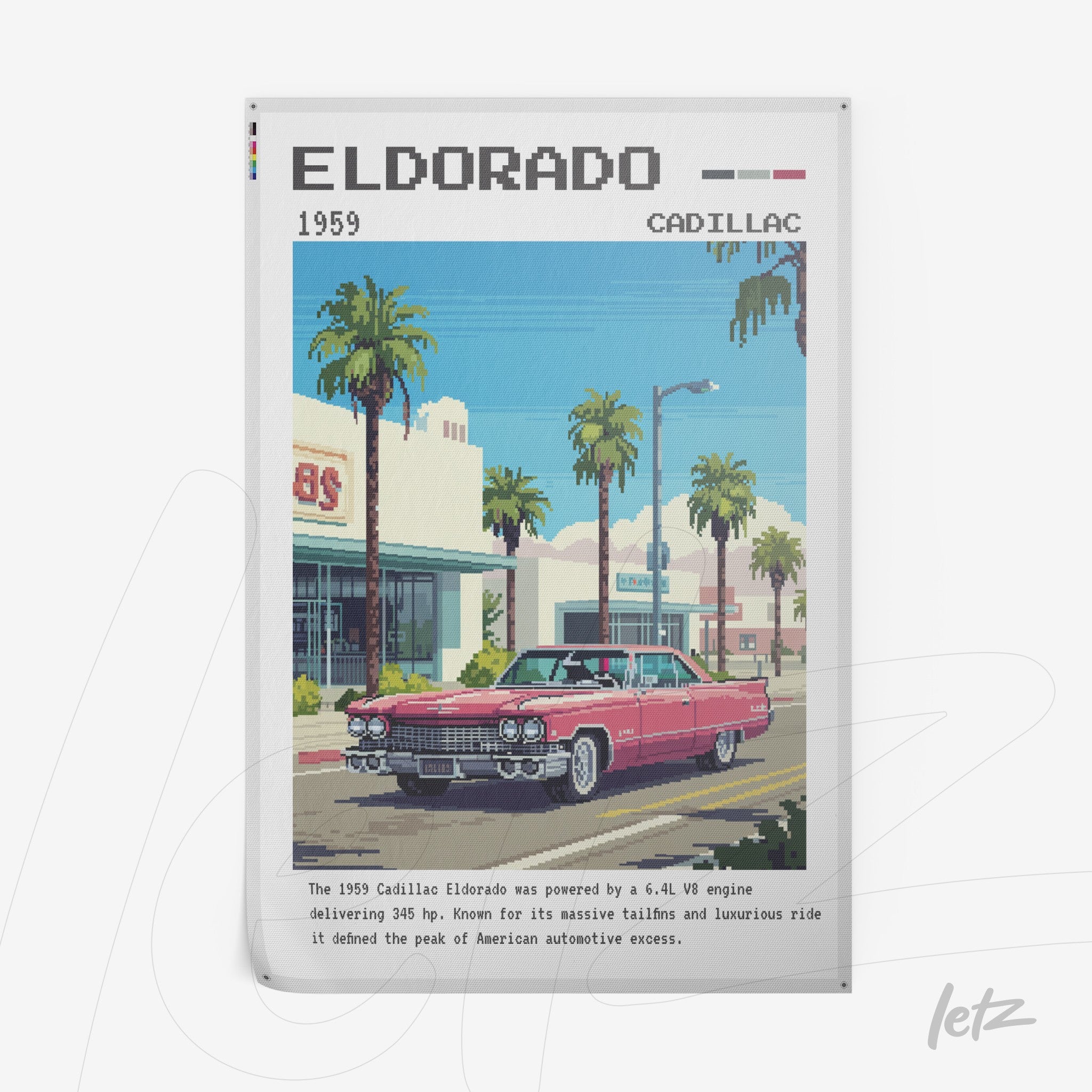 retro art print featuring a 1959 Cadillac Eldorado with a store background and palm trees