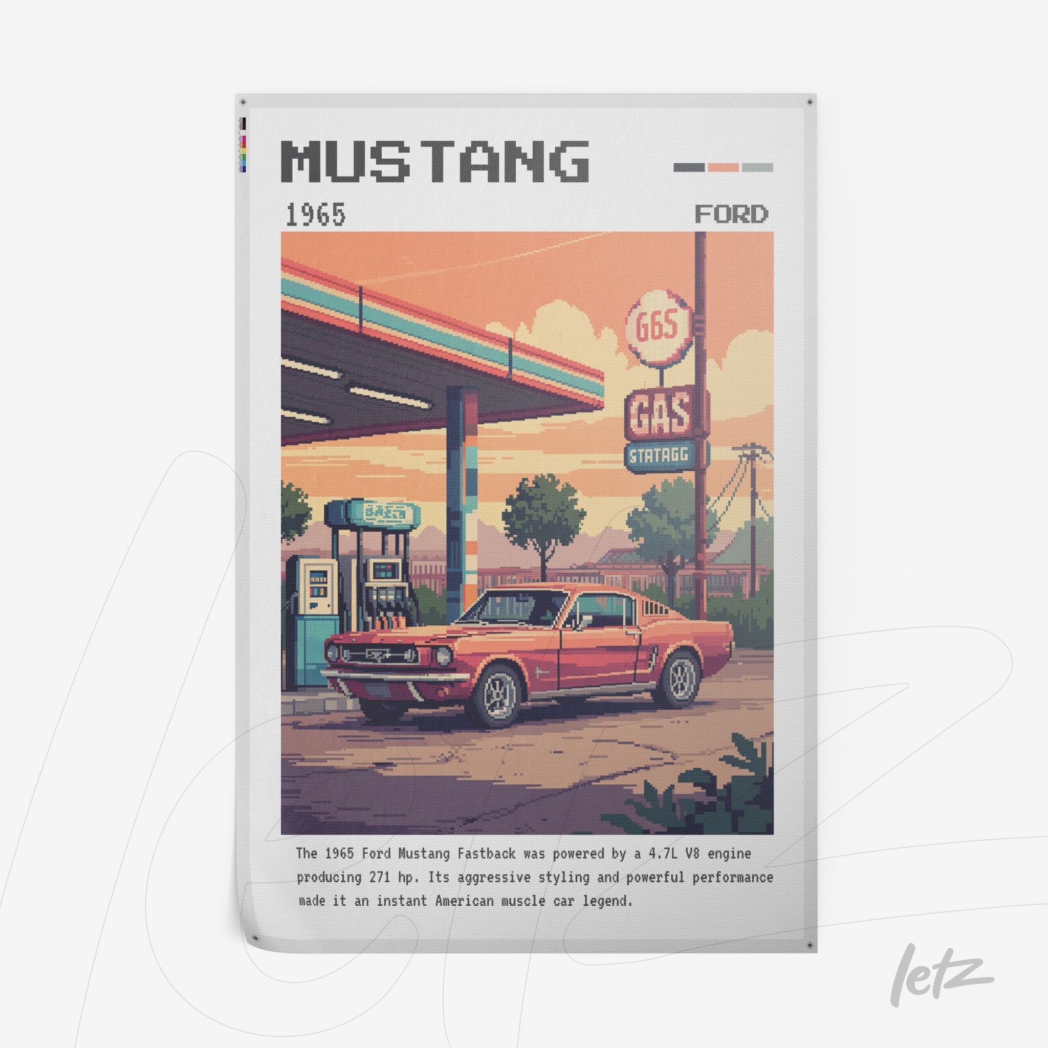 retro pixel art framed print of a red Mustang car at a gas station with vintage details