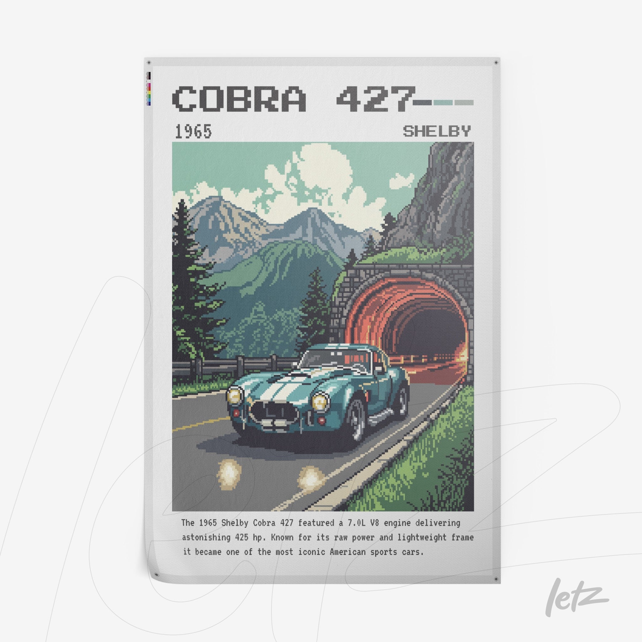 canvas print featuring retro artwork of a blue Shelby Cobra 427 car in a mountainous landscape