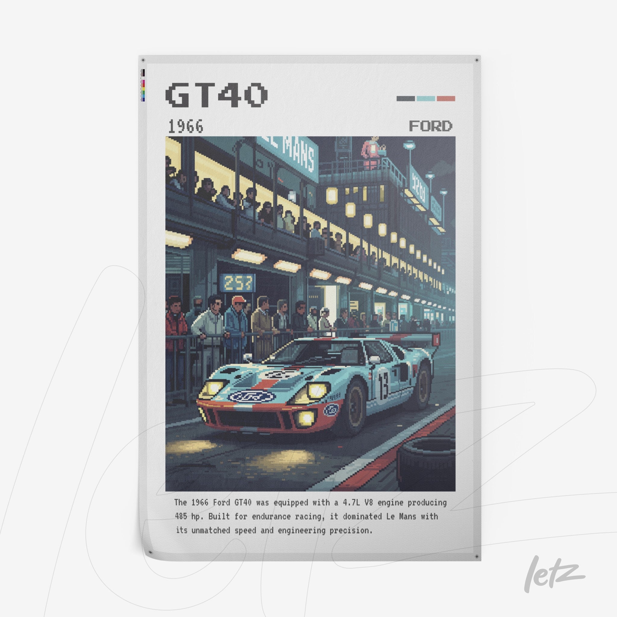 digital artwork of the 1966 Ford GT40 racing car in a nighttime race scene with illuminated track and spectators in the background