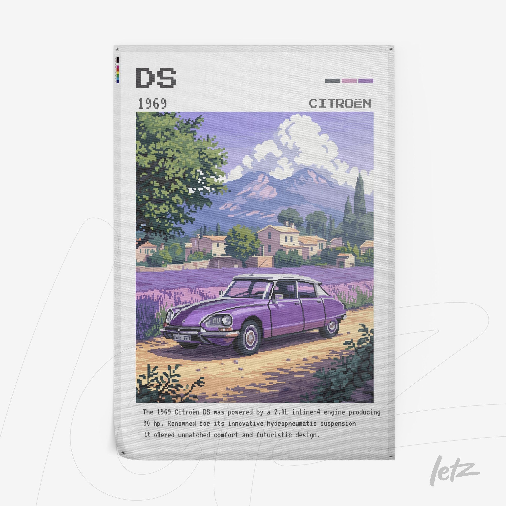 pixel art of a 1969 Citroën DS in a rural landscape with mountains in the background