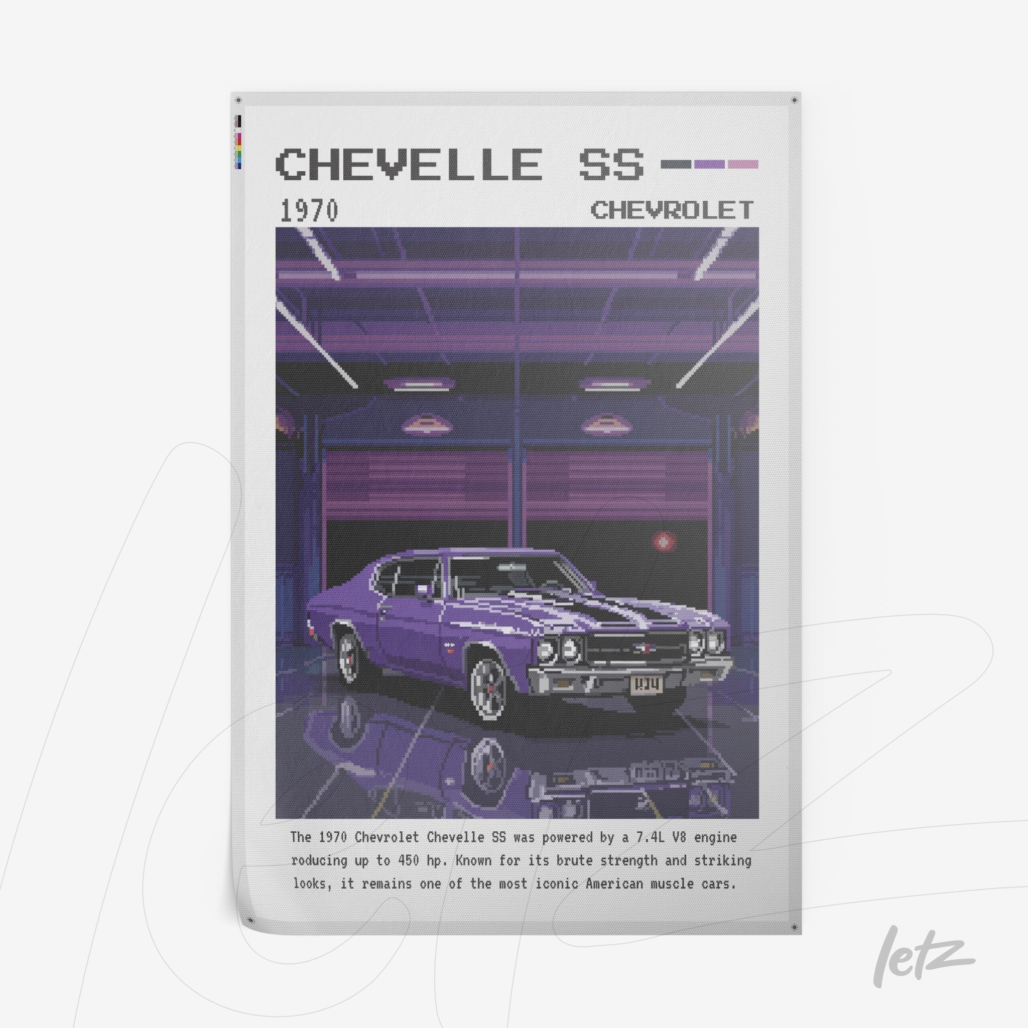 digital poster featuring pixel art of 1970 Chevelle SS car with a retro background