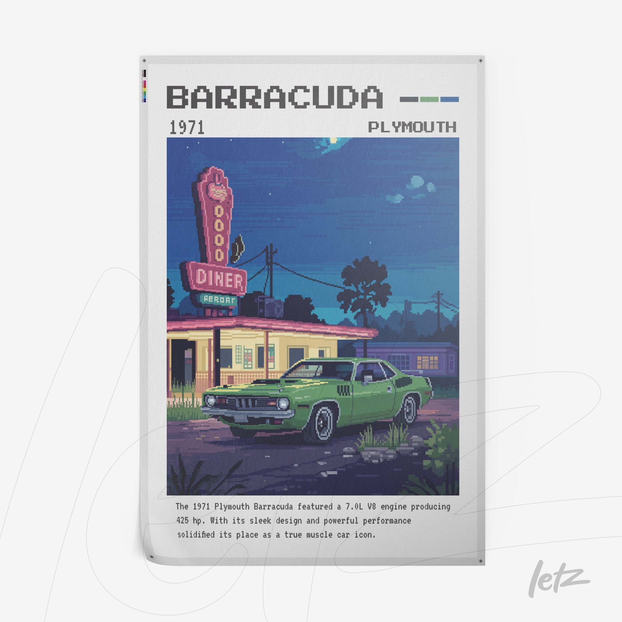 pixel art illustration of a green Plymouth Barracuda car in front of a brightly lit diner