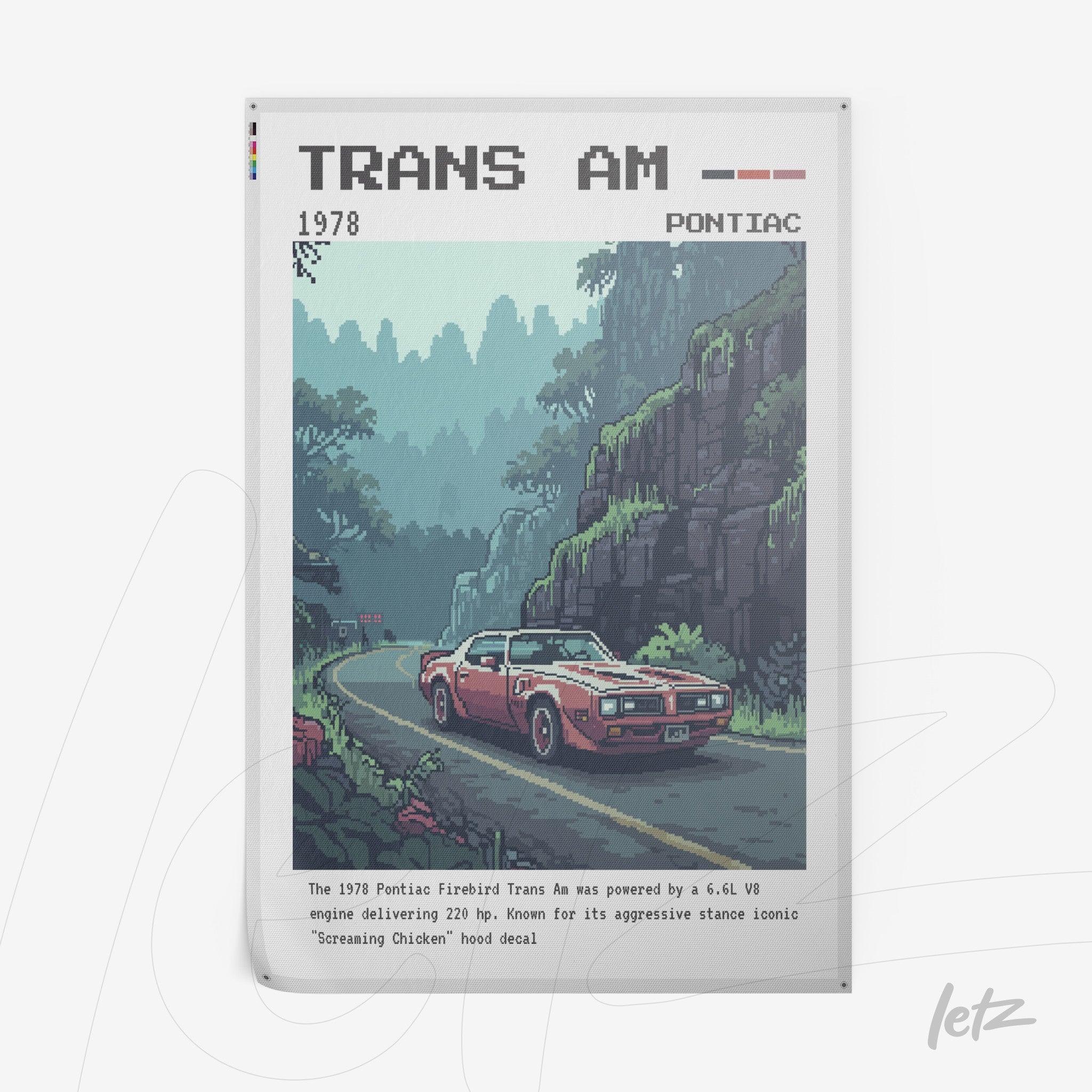 vintage poster print featuring a 1978 Pontiac Trans Am on a winding road surrounded by mountains