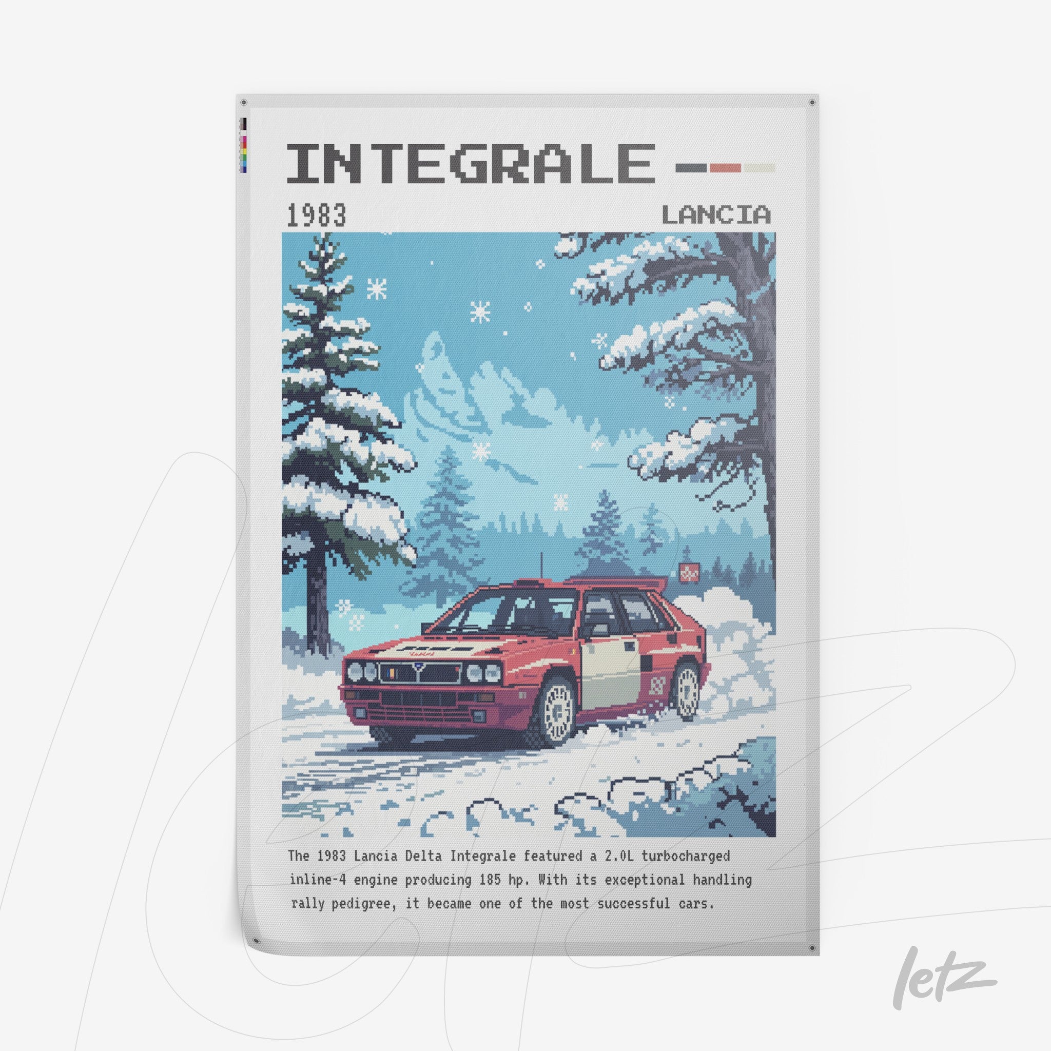 pixel art of Lancia Delta Integrale sports car against a snowy mountain backdrop