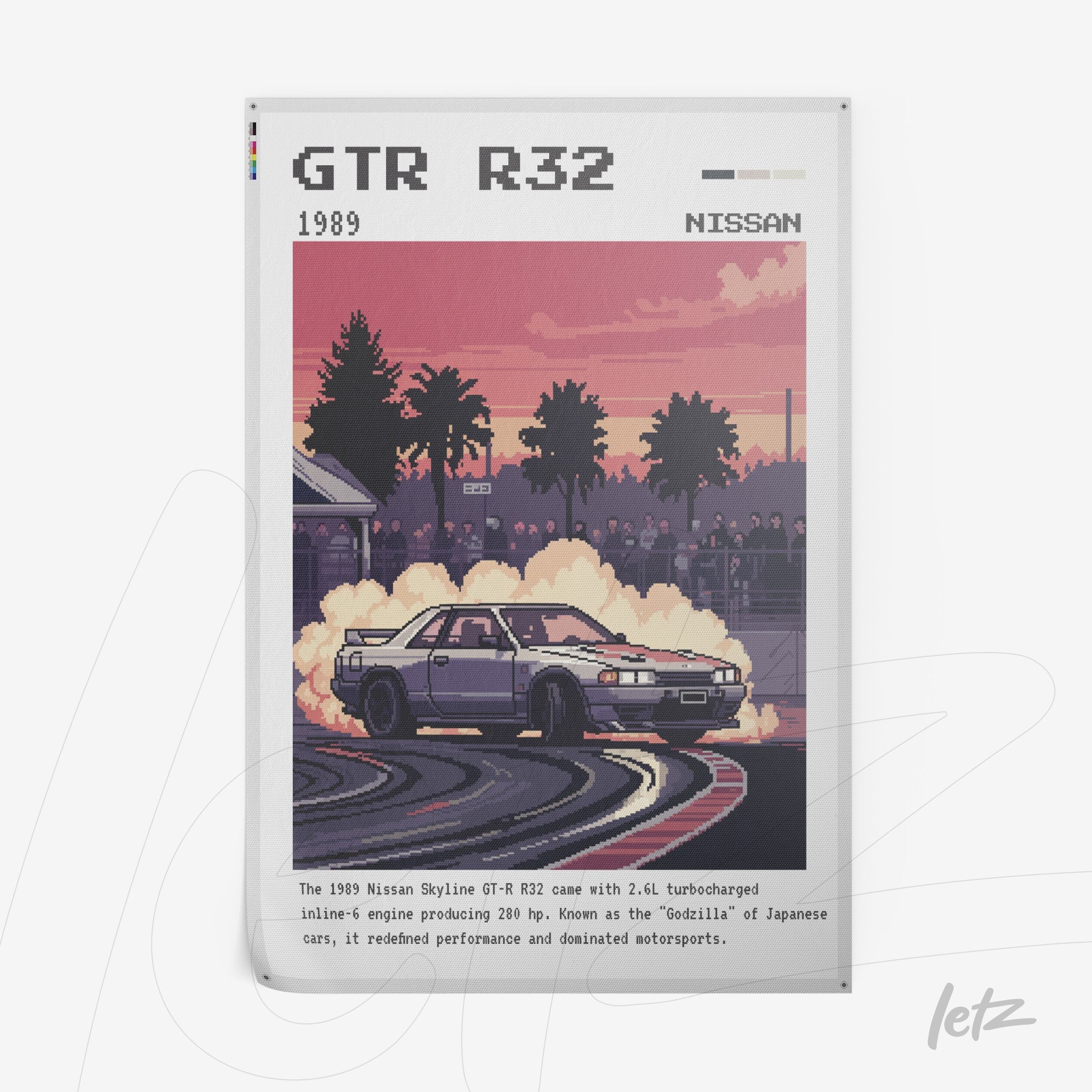 pixel art poster featuring a Nissan Skyline GT-R R32 in motion, with a colorful sunset sky and palm trees in the background