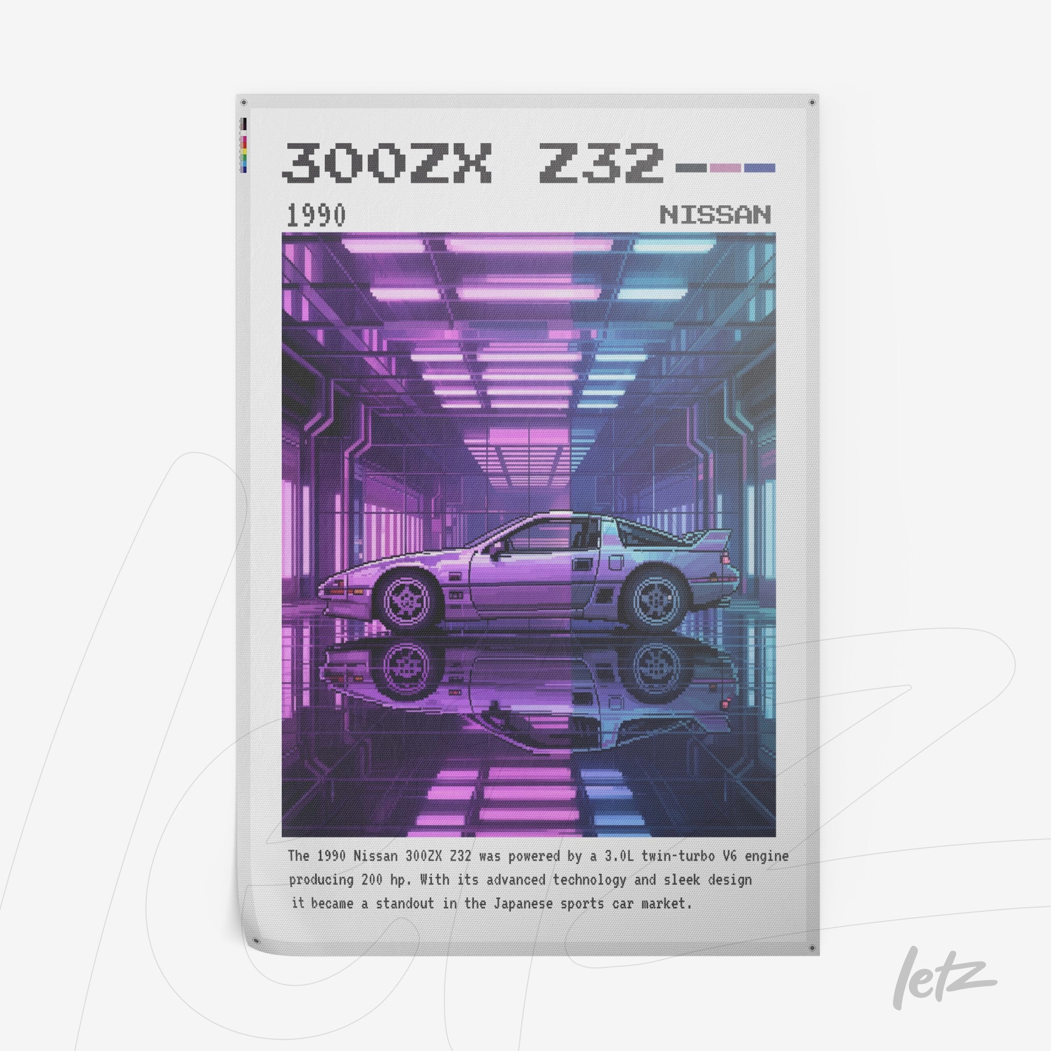 digital artwork of a Nissan 300ZX Z32 car in a futuristic setting with neon lighting