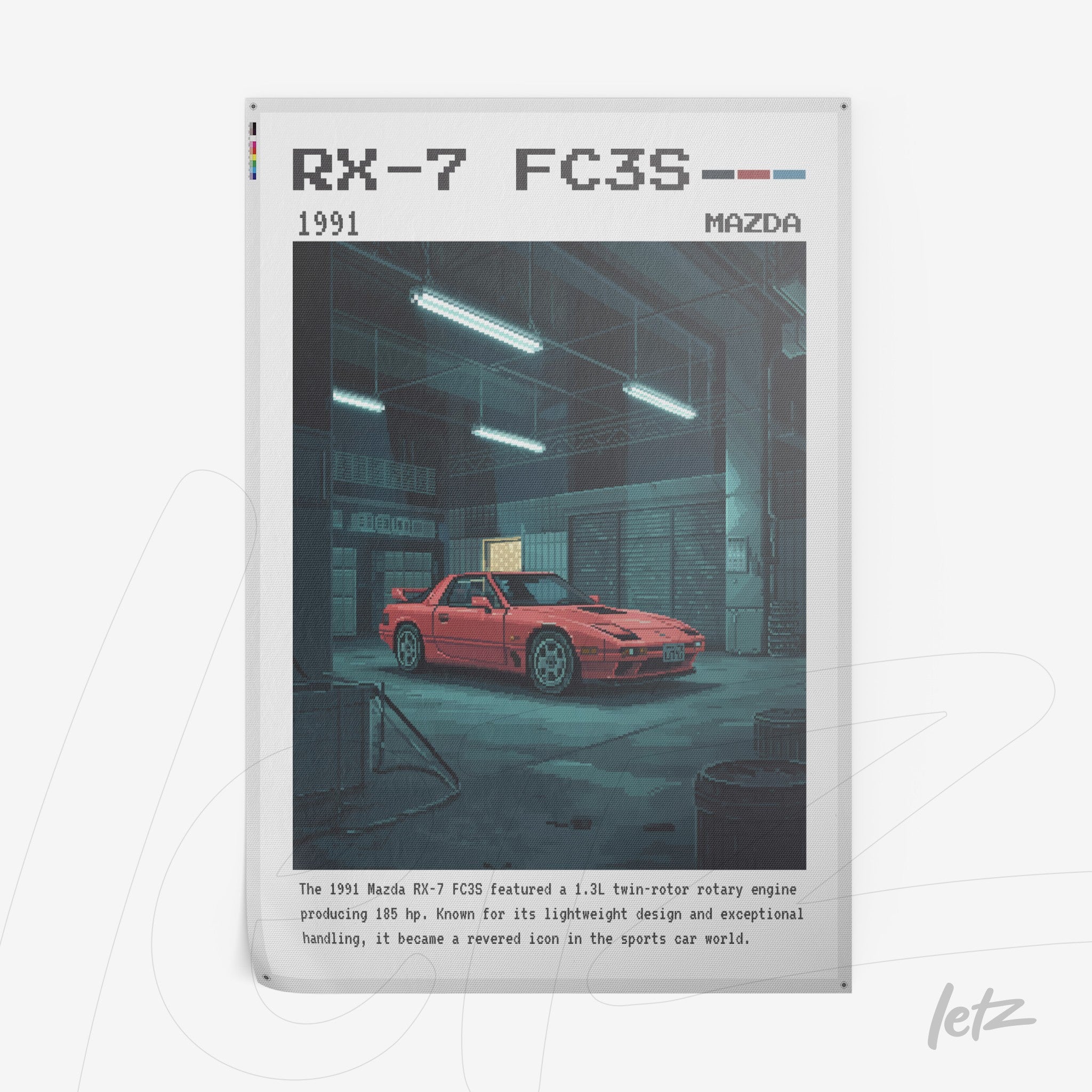 poster print featuring digital art of a 1991 Mazda RX-7 FC3S in a garage with cool lighting
