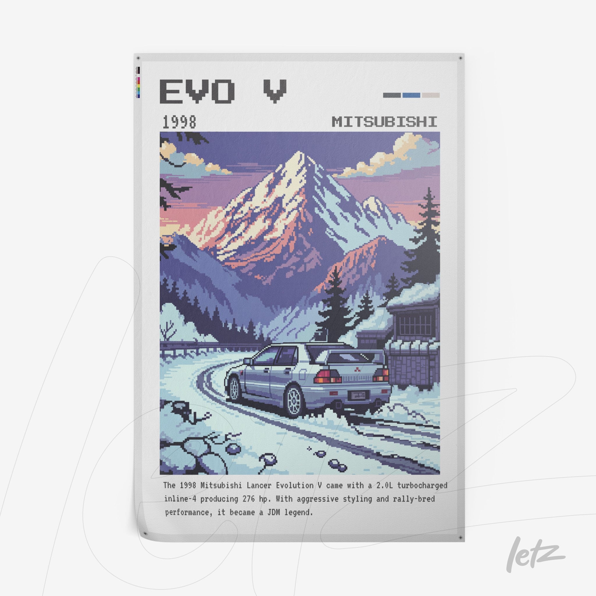 retro style wall art featuring a 1998 Mitsubishi Lancer Evolution V on a snowy mountain road