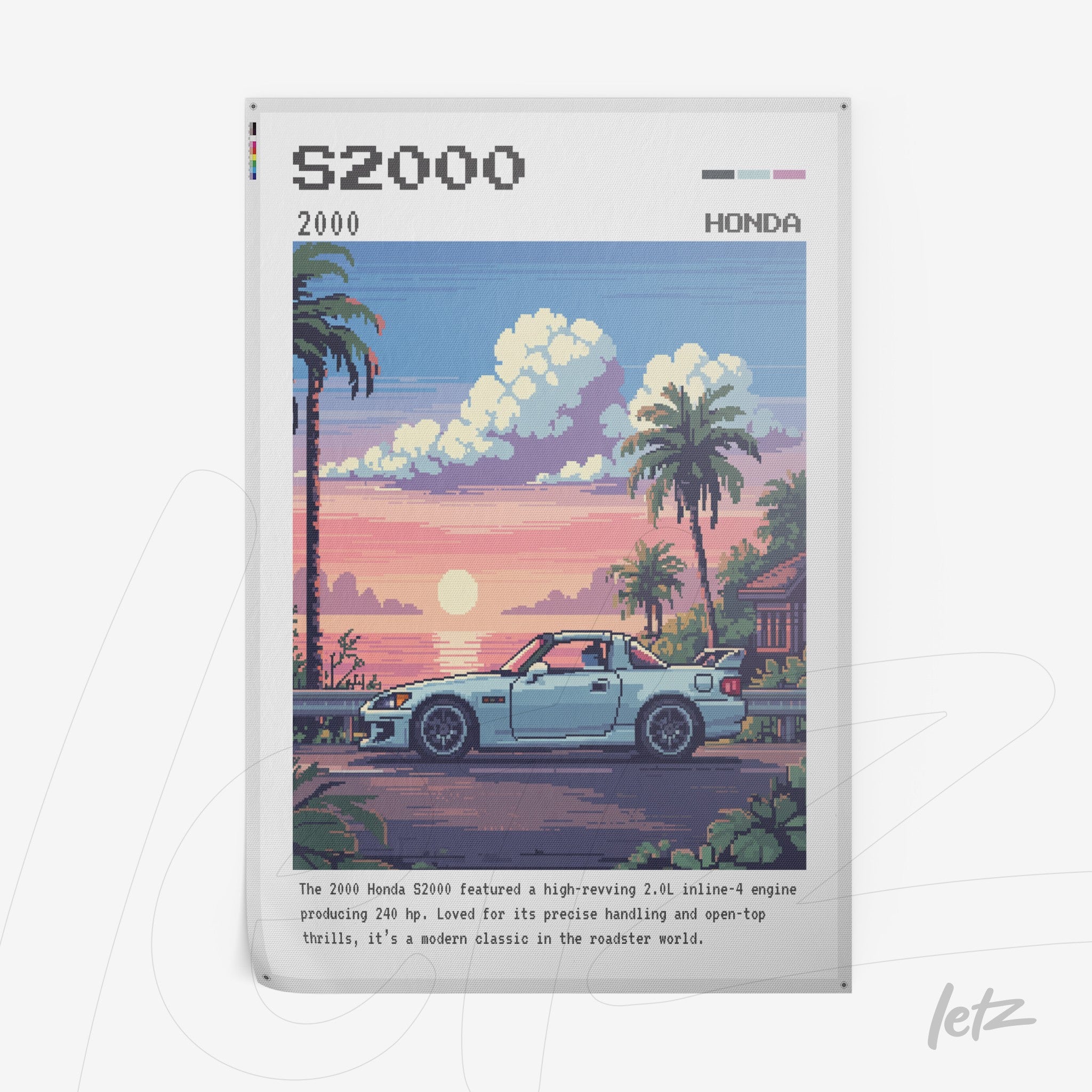 pixel art of a Honda S2000 sports car against a sunset landscape