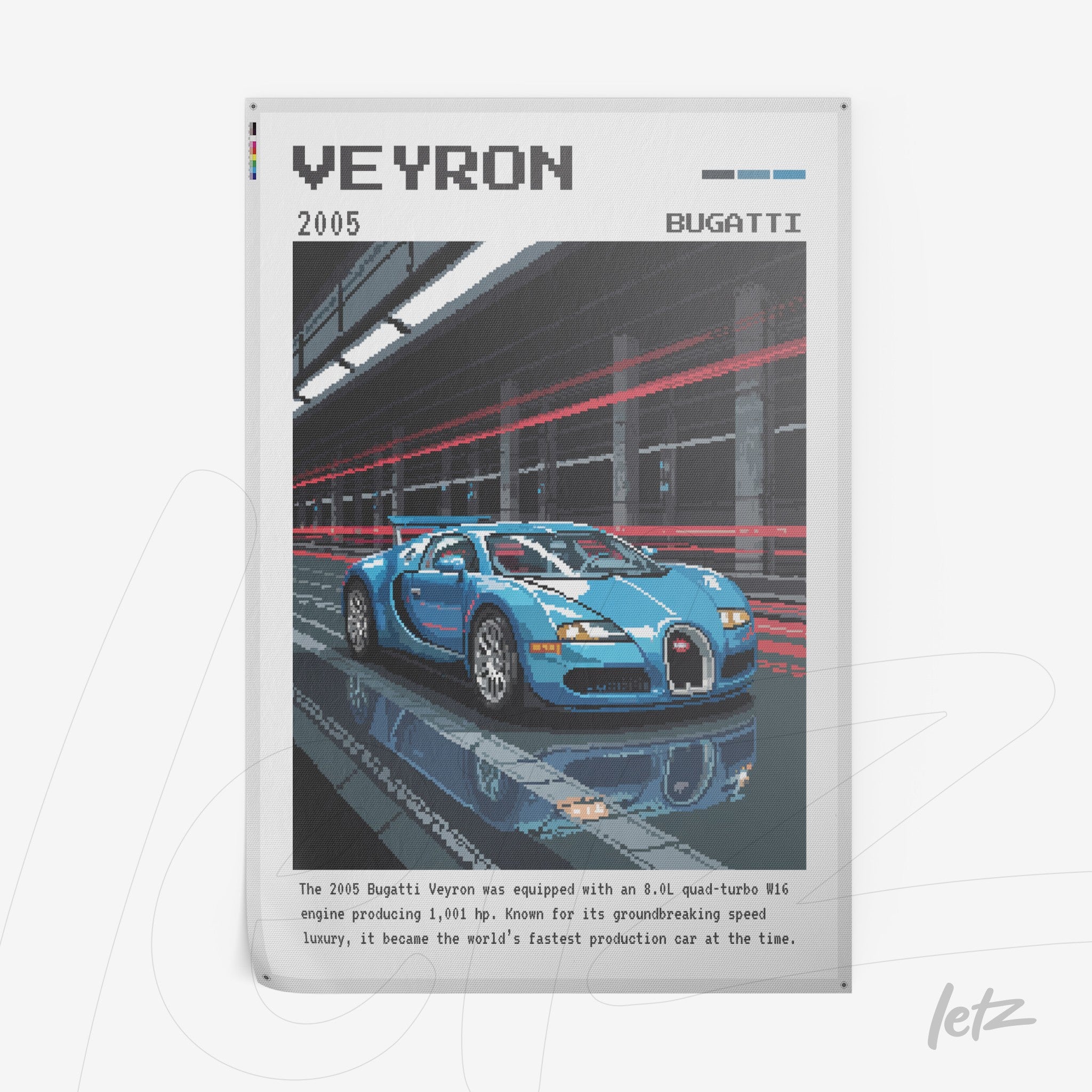 canvas artwork depicting pixel art of the 2005 Bugatti Veyron in an illustrated urban background