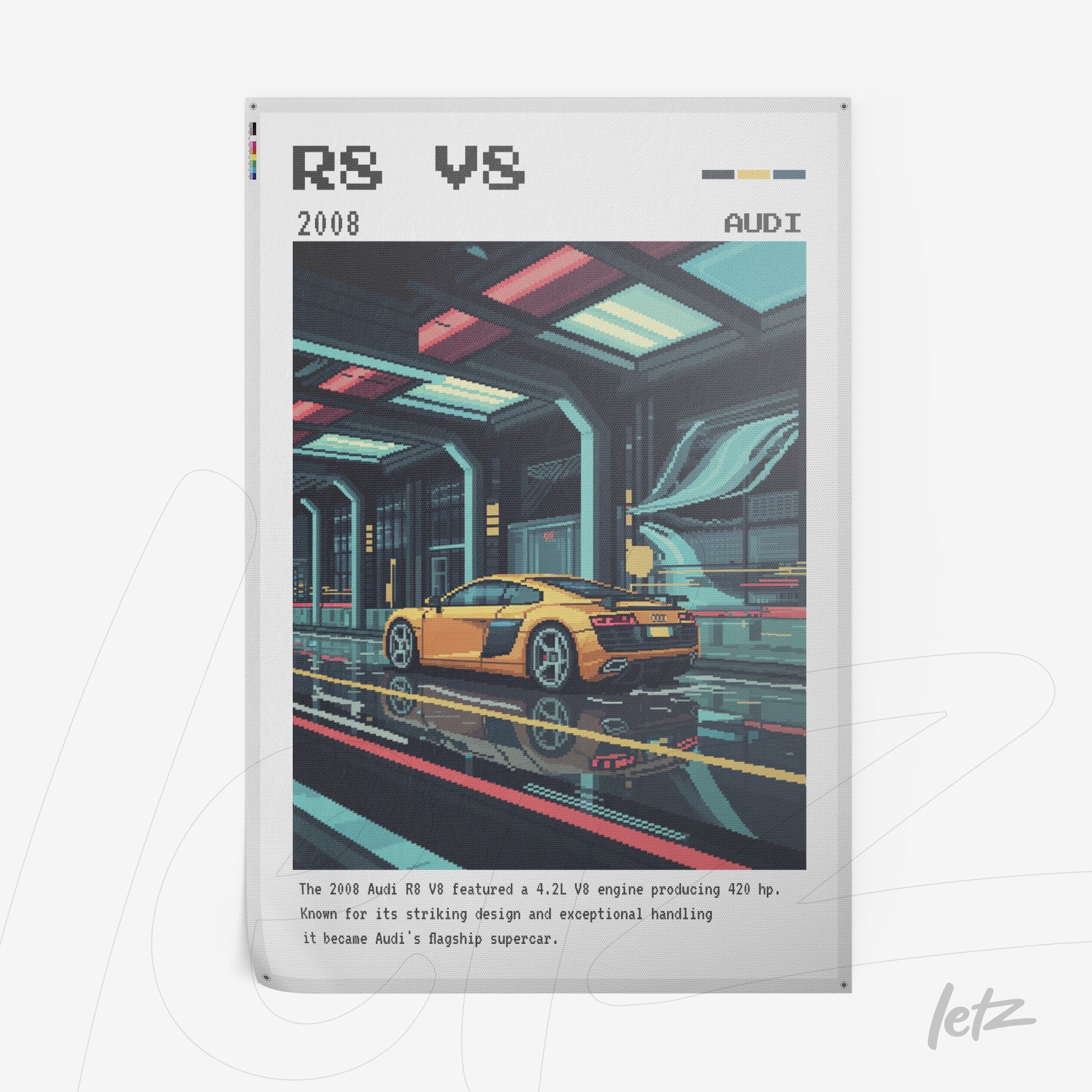 retro-style digital art of a yellow sports car in a futuristic setting with neon lights