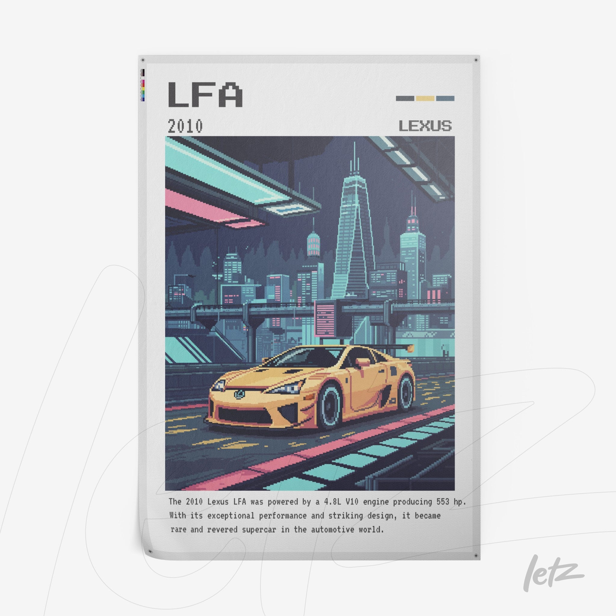poster print featuring retro style digital art of the Lexus LFA sports car with a futuristic cityscape background