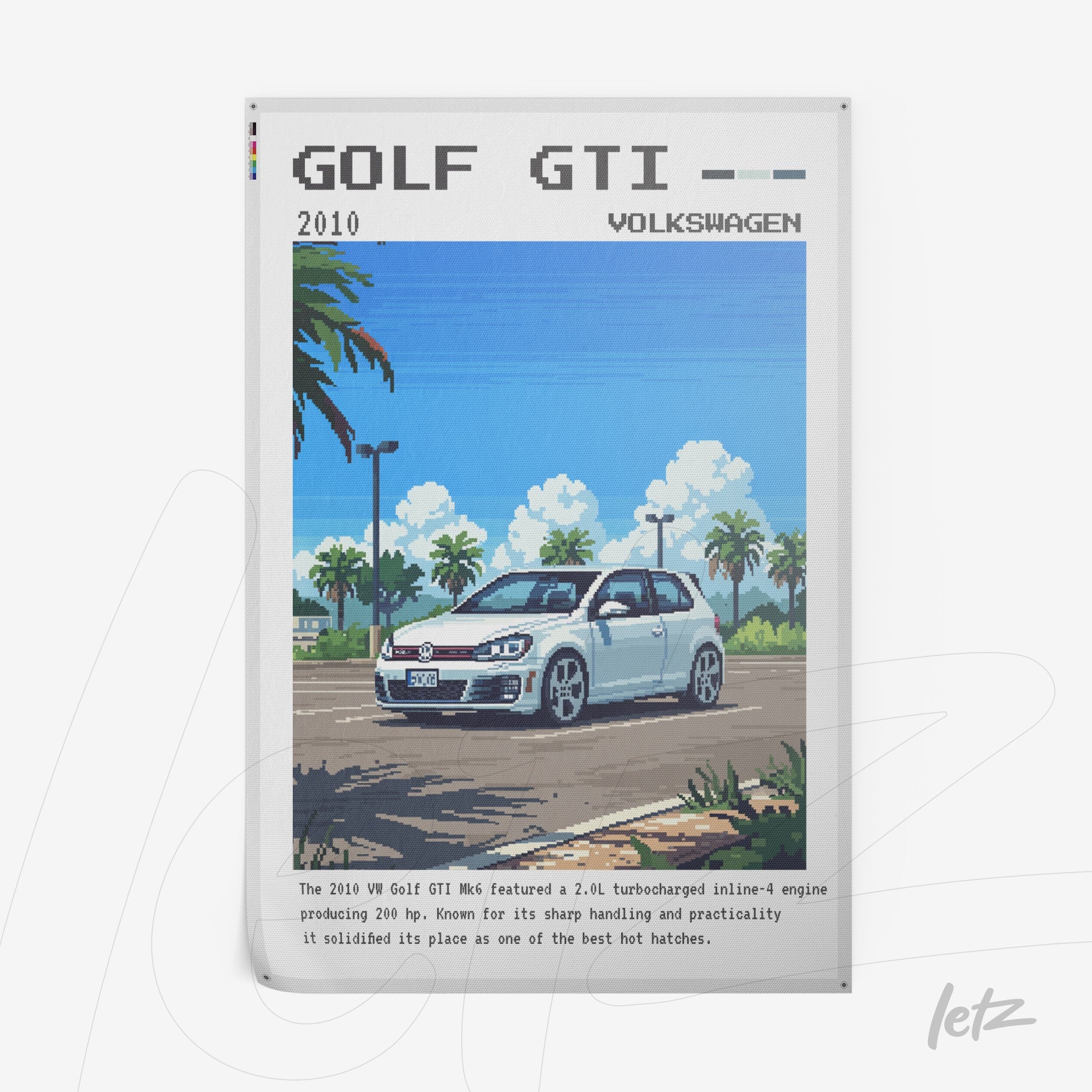 canvas print featuring pixel art of a 2010 Volkswagen Golf GTI on a road with a blue sky background