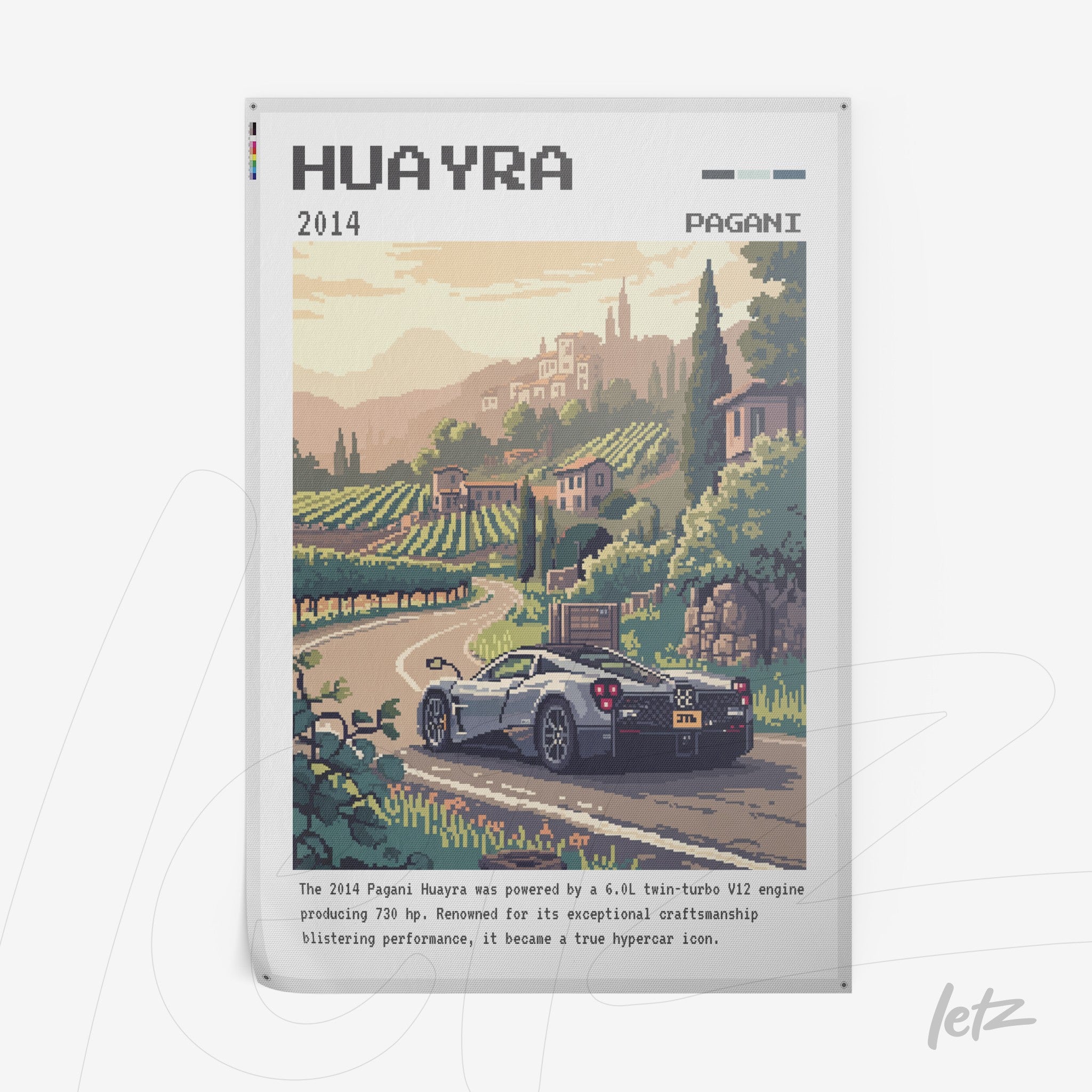 retro style digital illustration of Pagani Huayra car in a vineyard landscape with mountains in the background