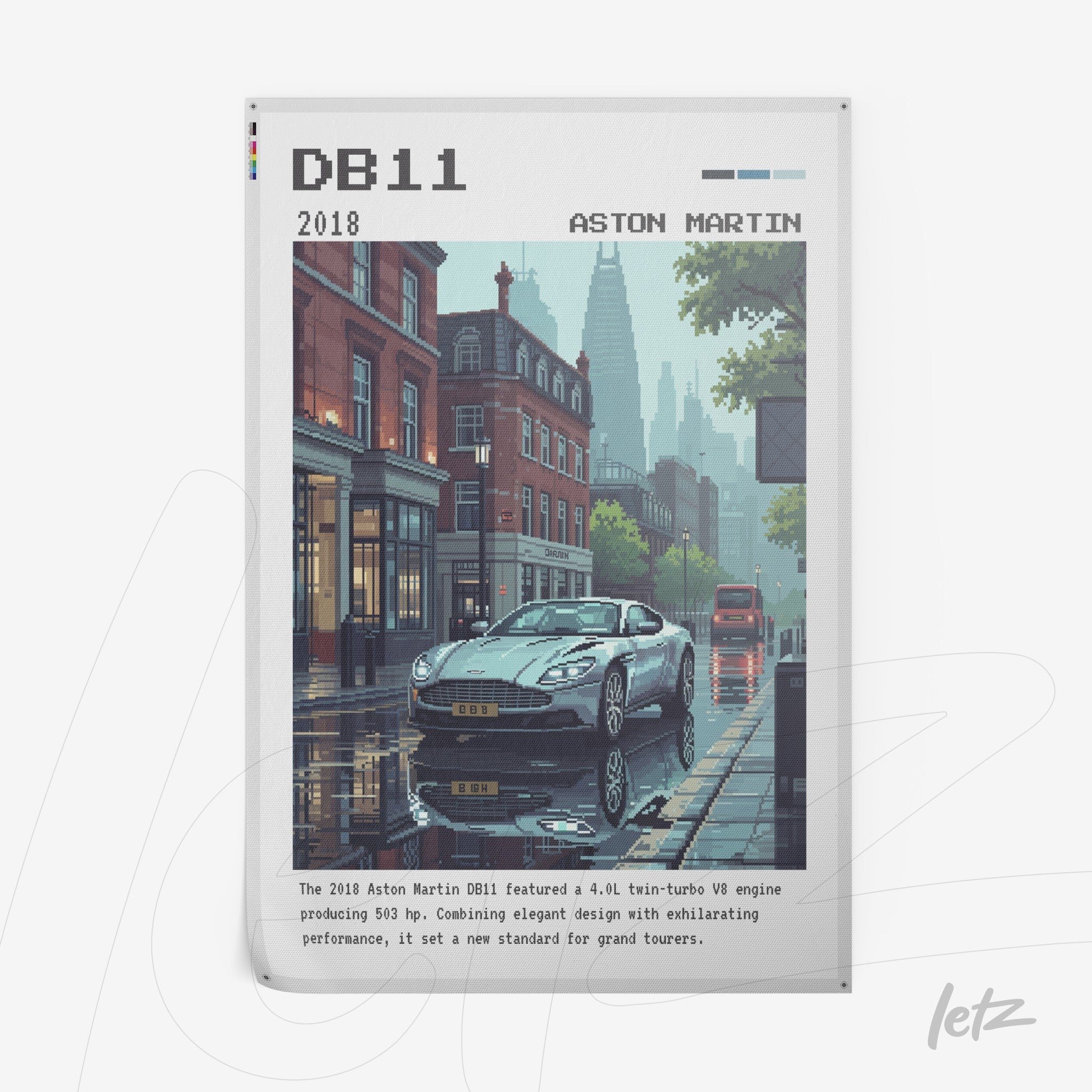 digital art print of Aston Martin DB11 in a rainy urban setting showcasing architectural details and reflections in the water