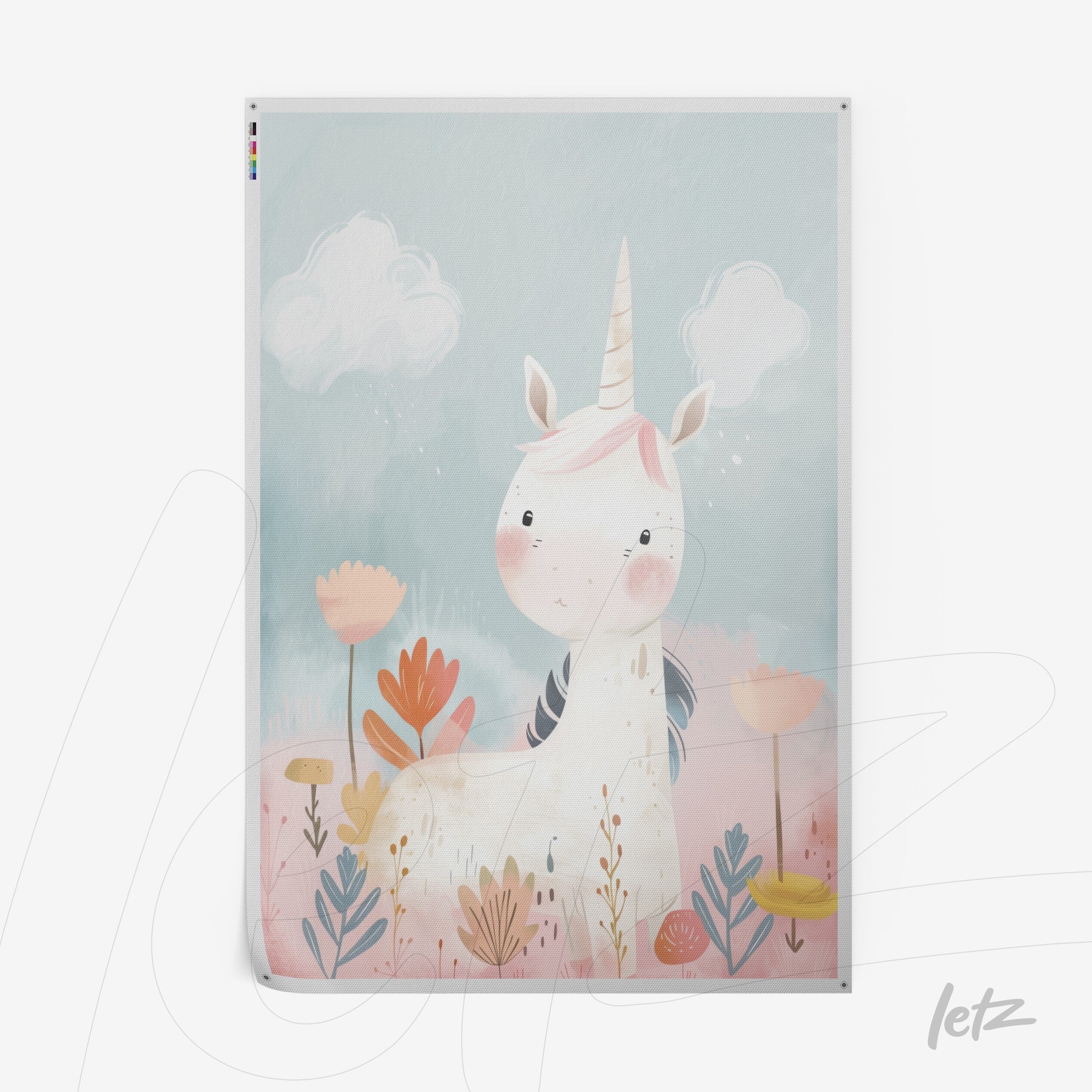 decorative wall art featuring a cute unicorn illustration in a pastel setting with flowers