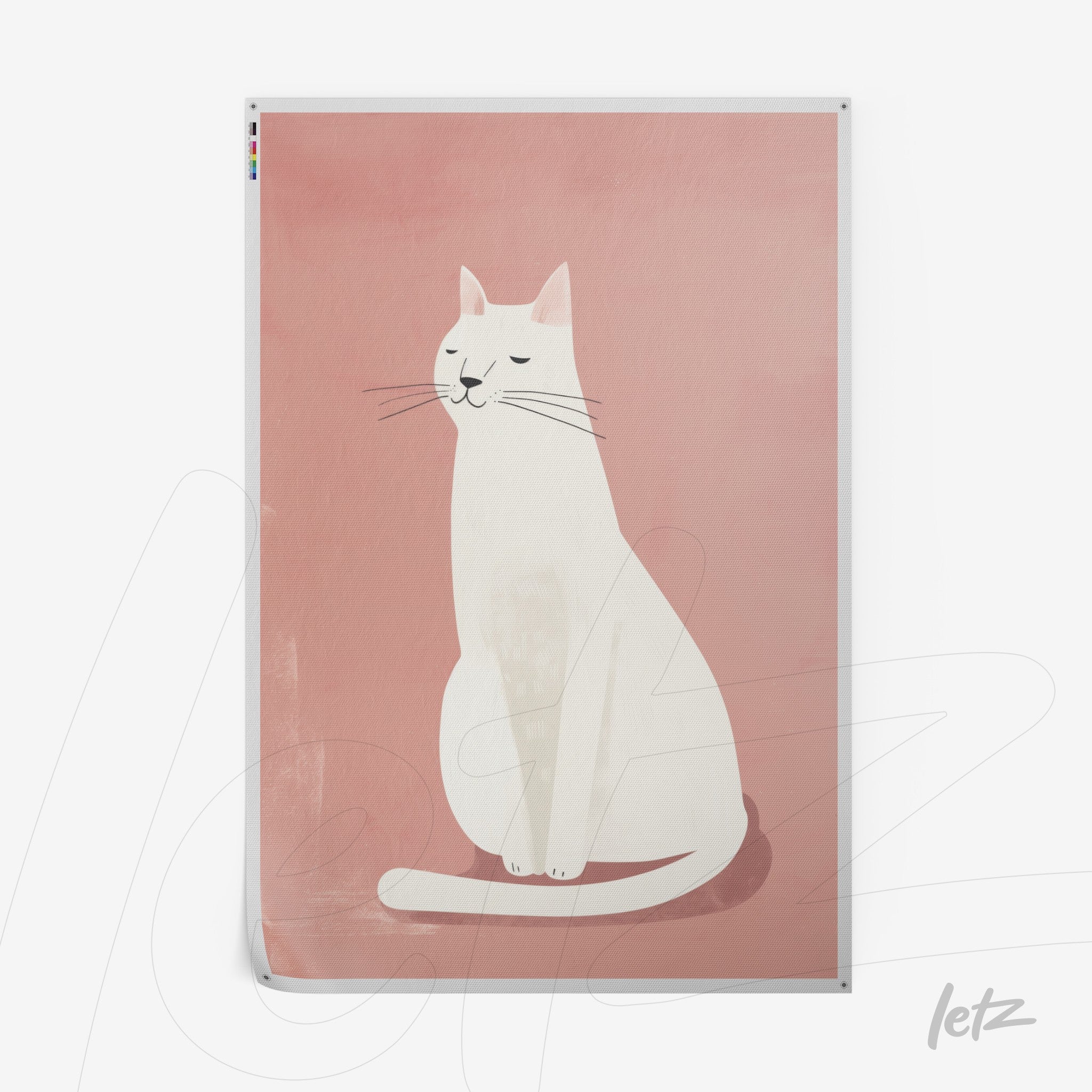 framed artwork featuring a minimalist illustration of a white cat on a soft pink background