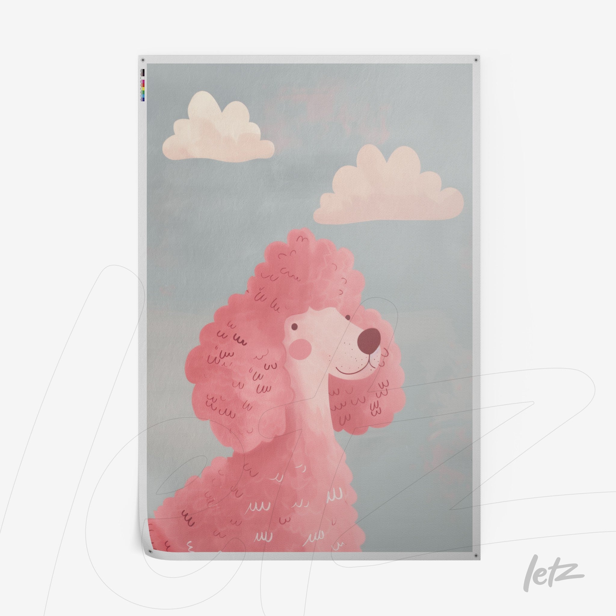canvas art featuring a pink poodle illustration against a light blue background with soft clouds