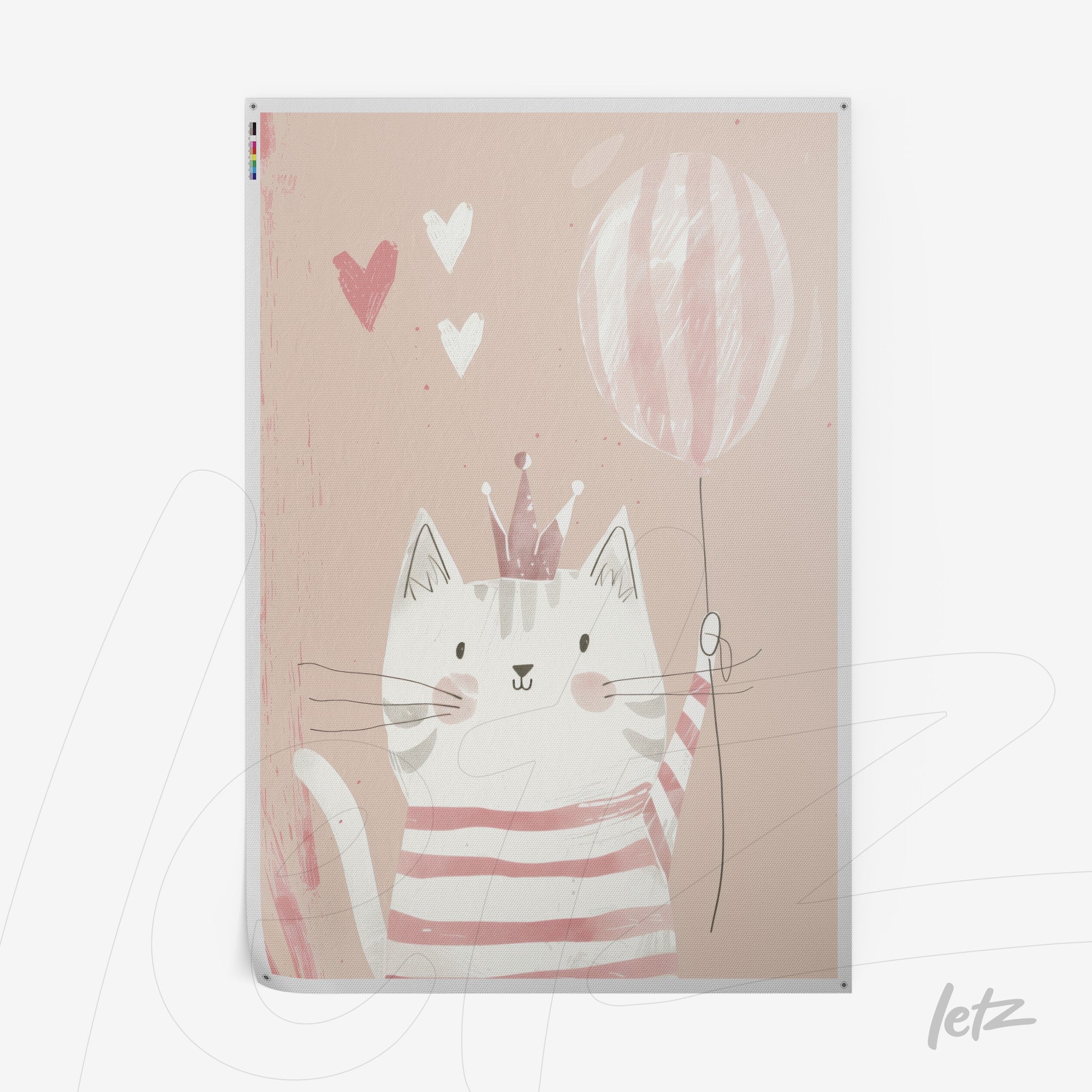 cute illustration of a cat wearing a crown and holding a striped balloon on a light pink background