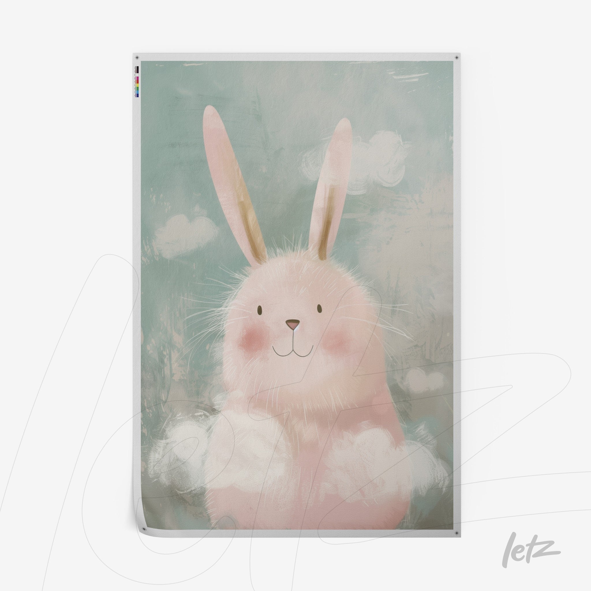 canvas print featuring a cute pink rabbit with fluffy fur against a soft blue background