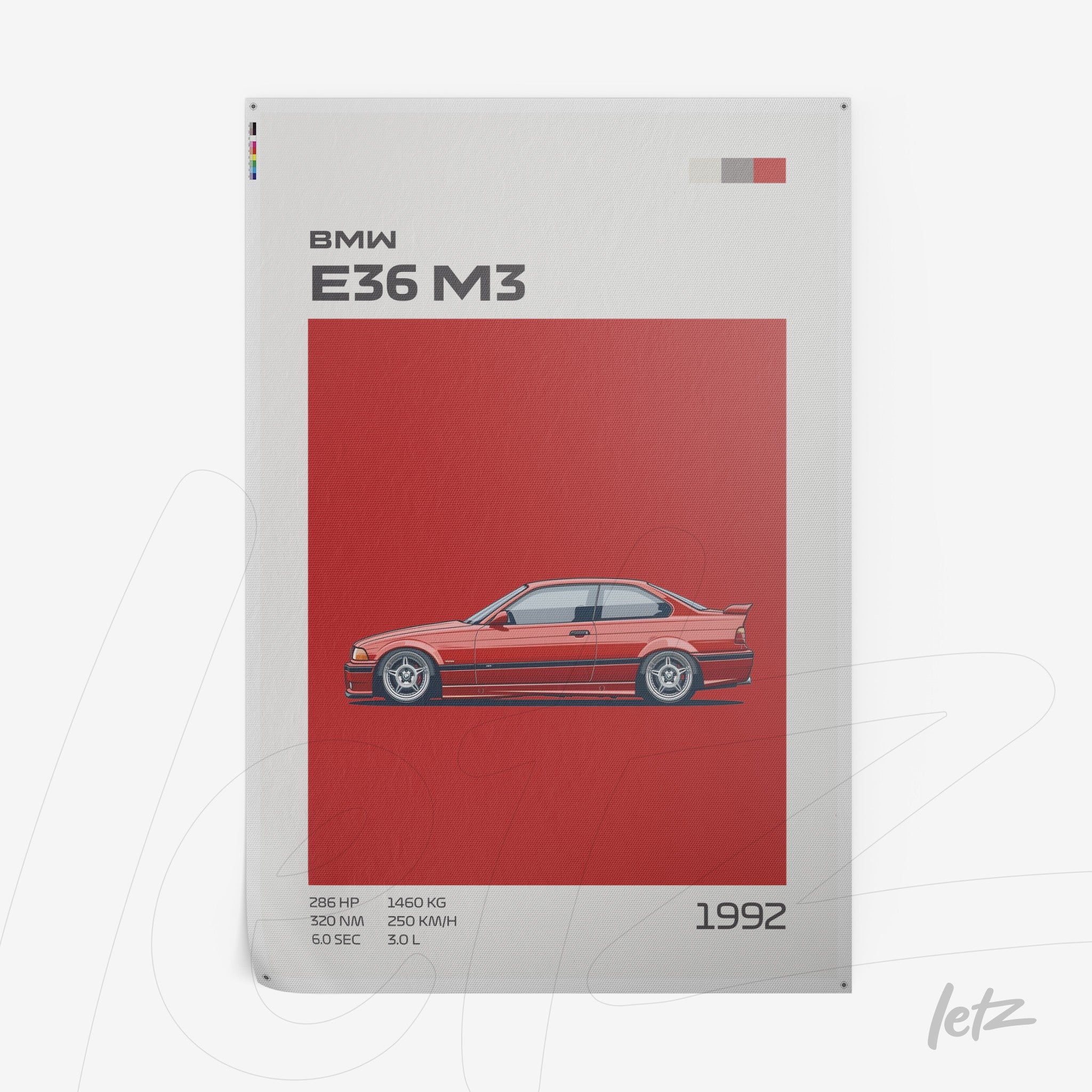 framed artwork featuring a graphic illustration of the BMW E36 M3 against a red background, highlighting car details in a modern style