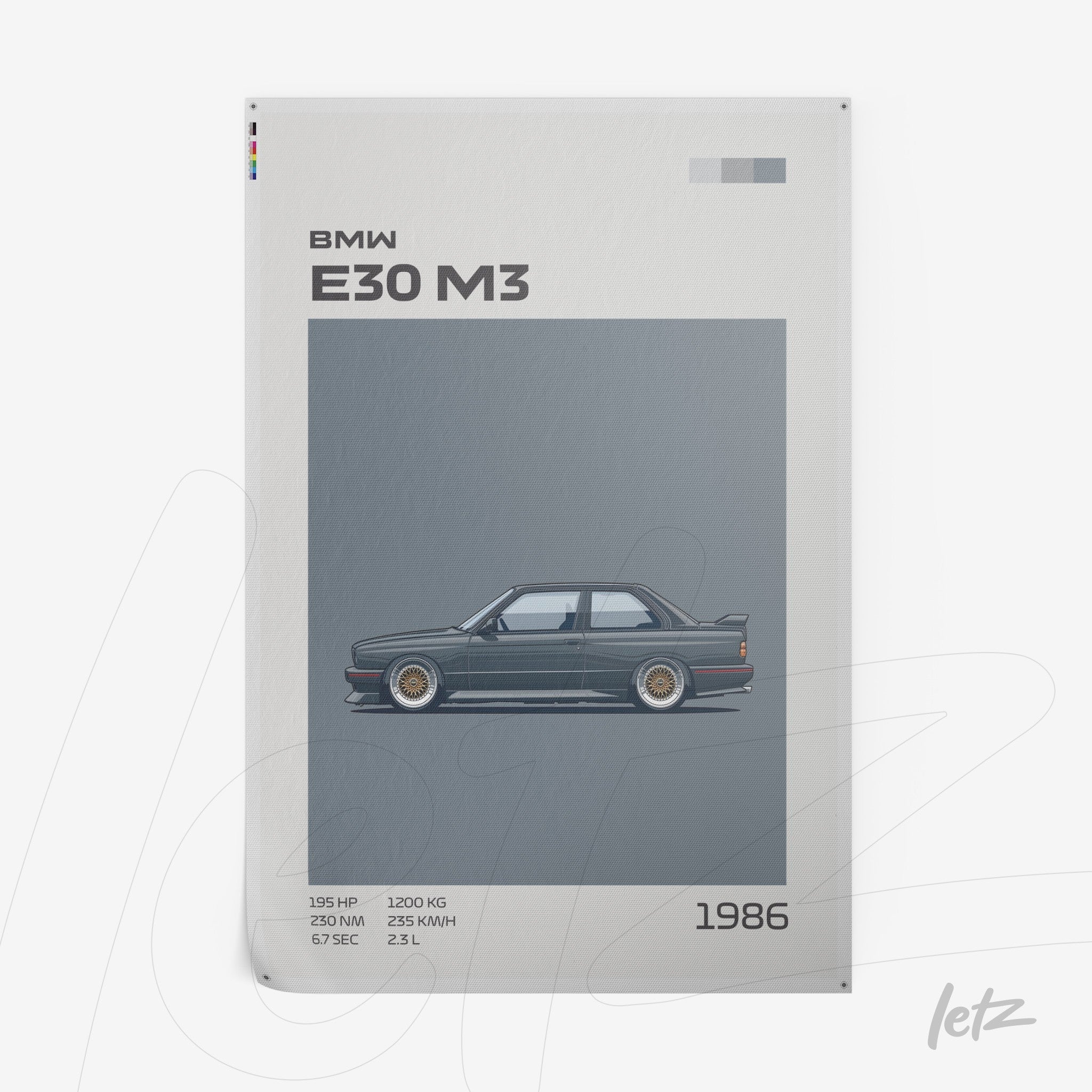 minimalist illustration of a BMW E30 M3 with a light background and model details in text