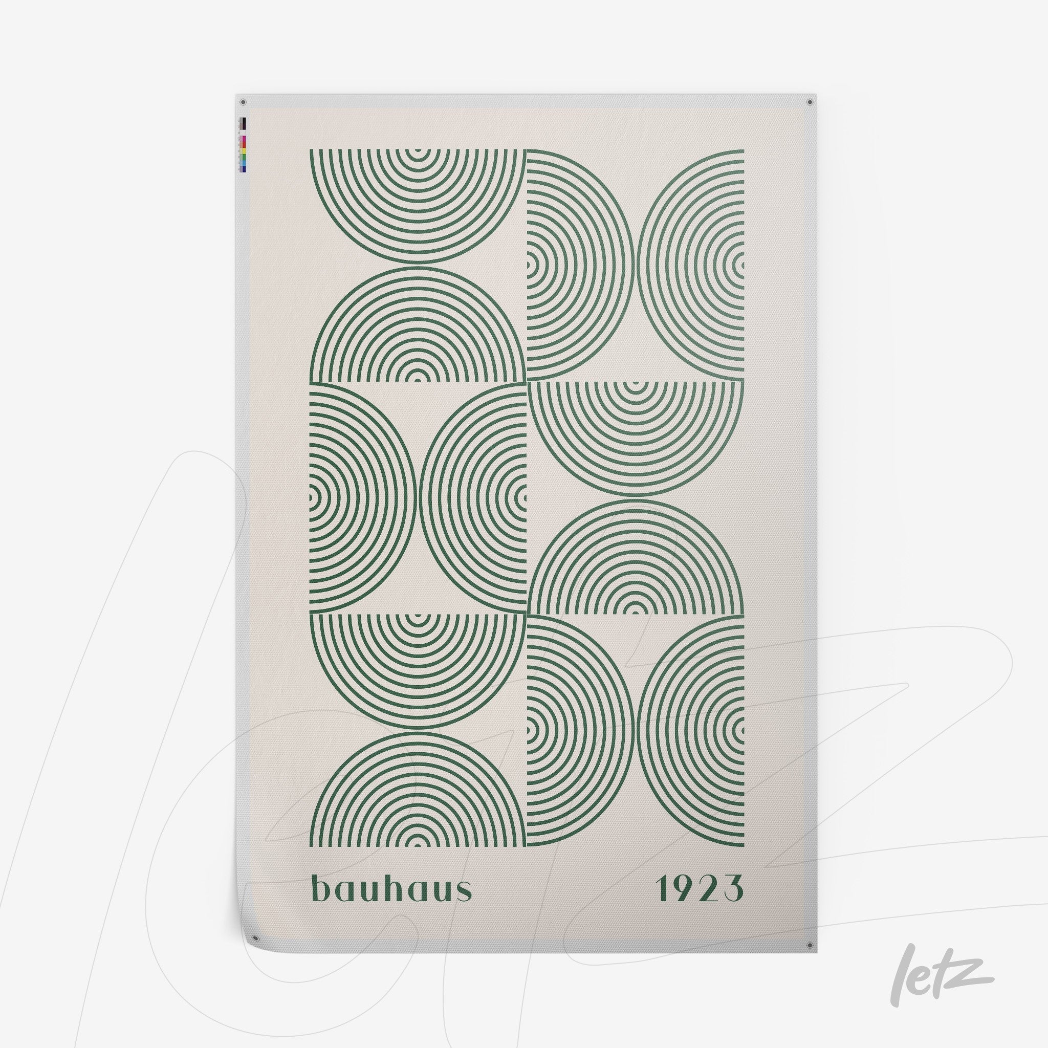 poster featuring geometric design of concentric circles in Bauhaus style on white paper
