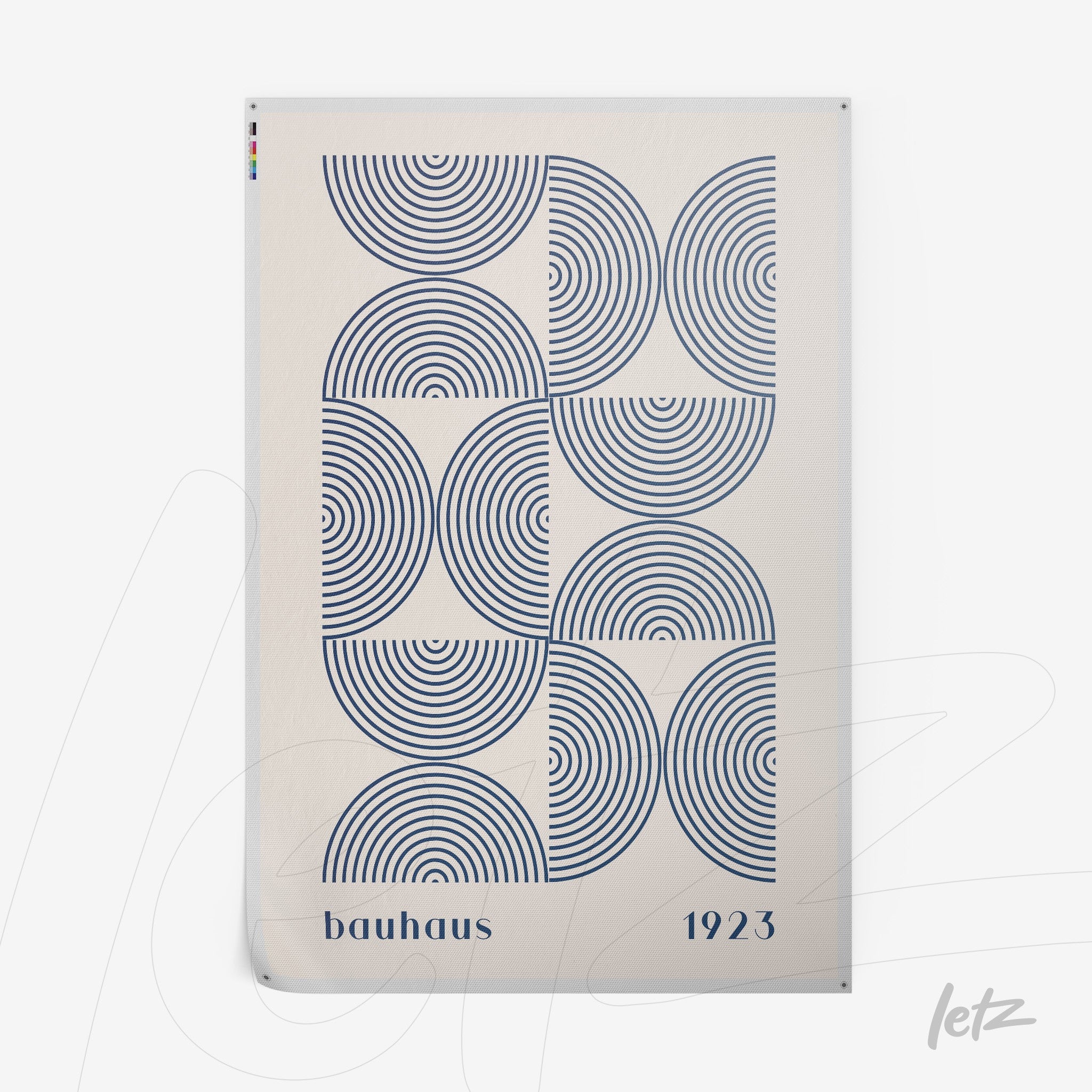 poster featuring geometric design inspired by Bauhaus style with concentric circles in blue on a beige background