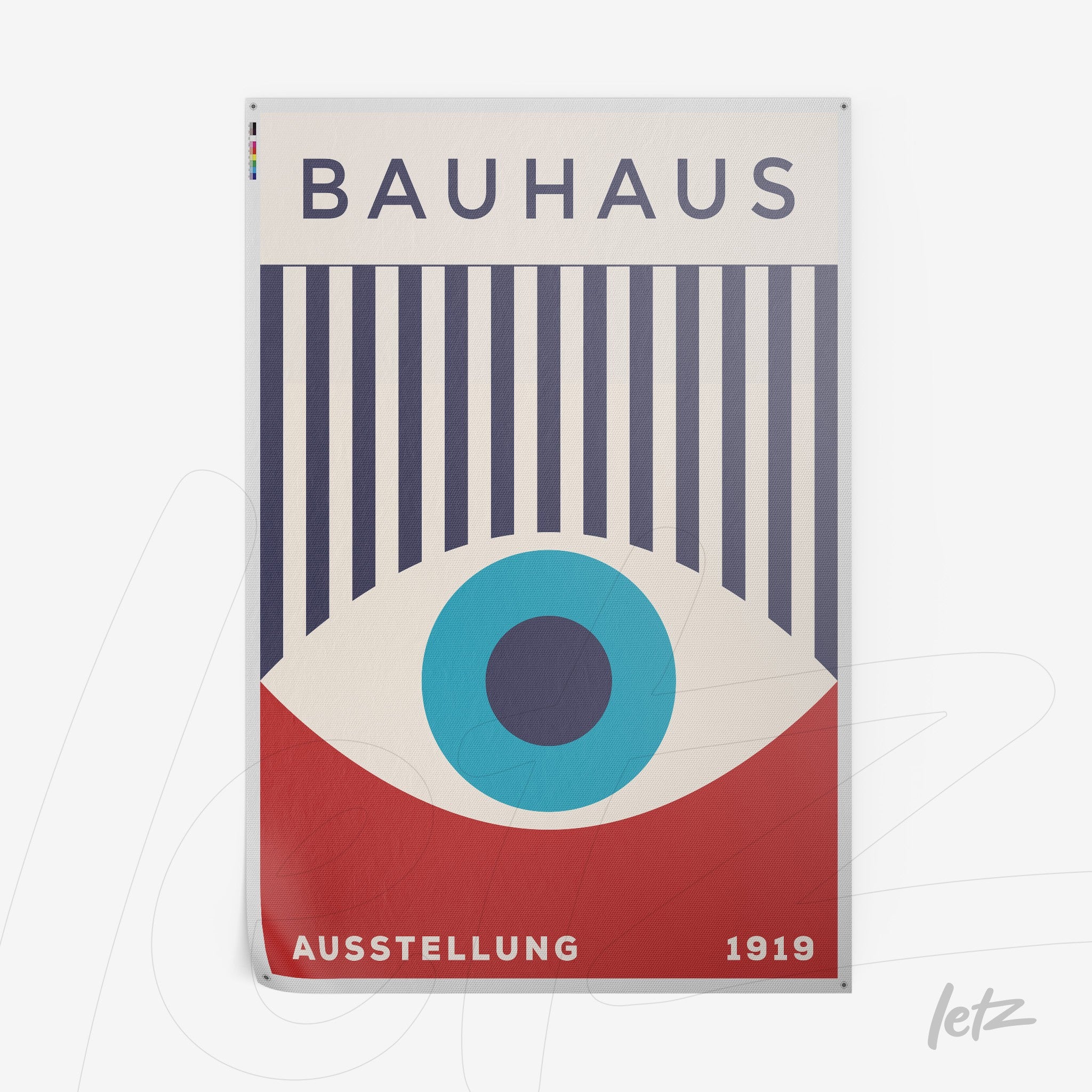bauhaus style poster featuring geometric design with blue lines and circular shape in red and blue