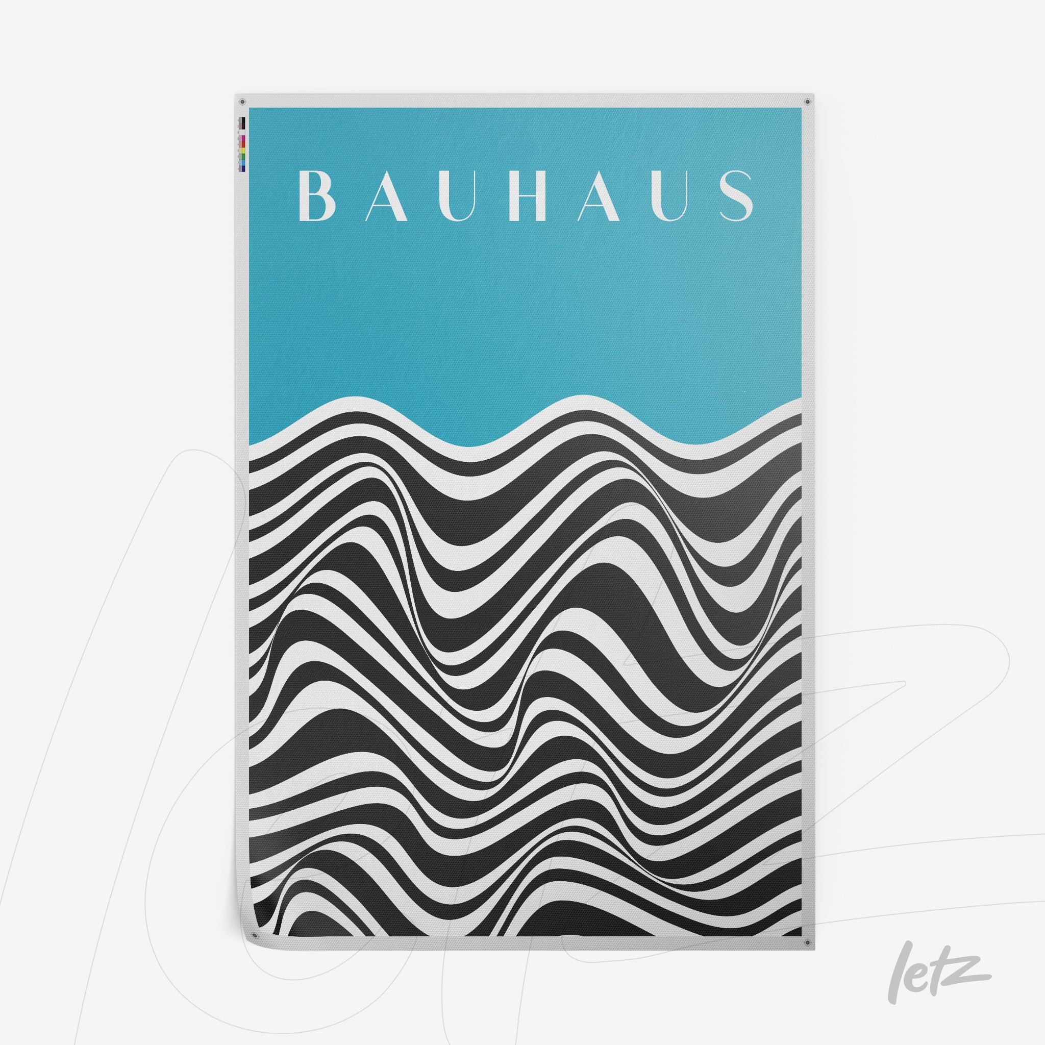 poster print featuring modern Bauhaus style design with black and white waves on a blue background