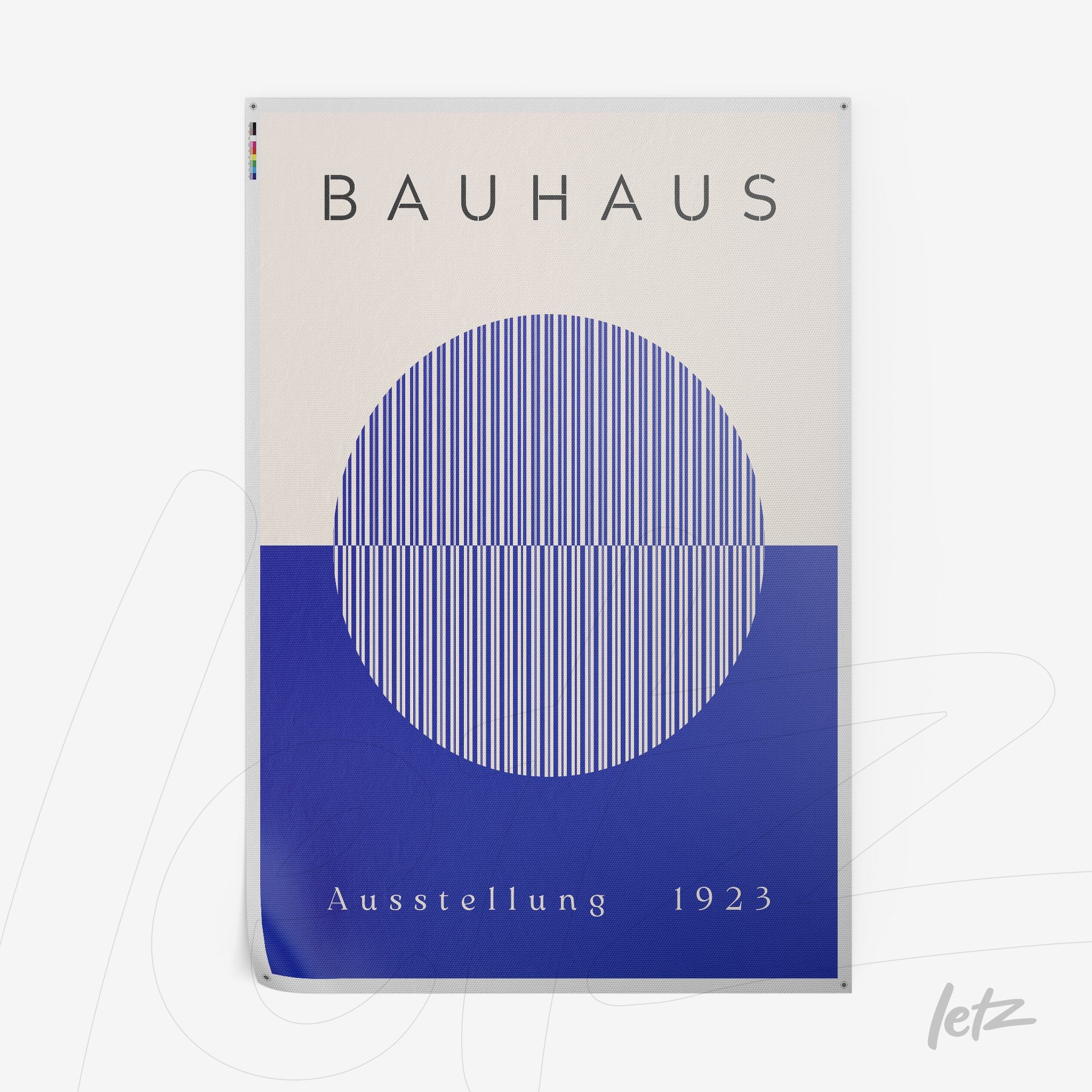 poster print with Bauhaus design in blue and beige featuring parallel lines forming a semicircle