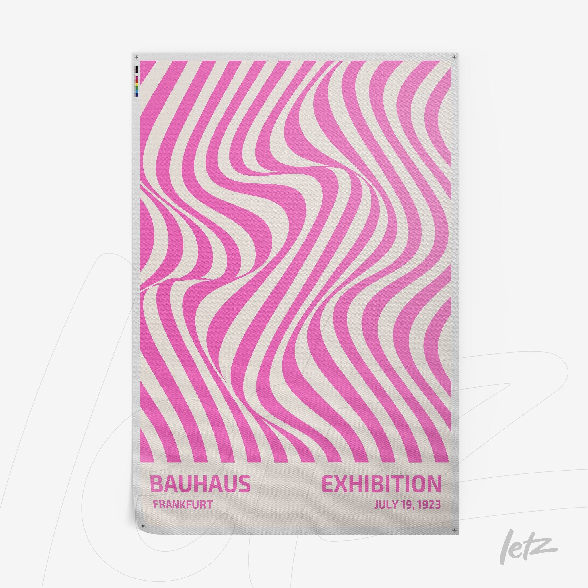 poster print featuring geometric design in pink and white, with text about Bauhaus exhibition in Frankfurt dated July 19, 1923