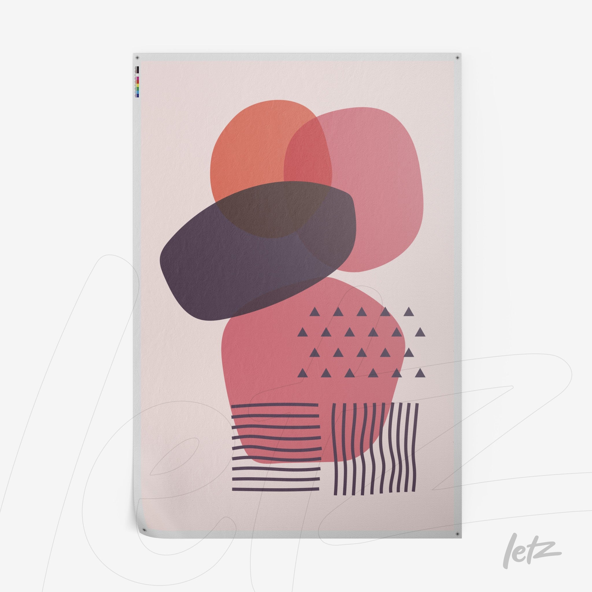 abstract poster with overlapping oval shapes in coral and purple tones and details of triangles and stripes on a light background