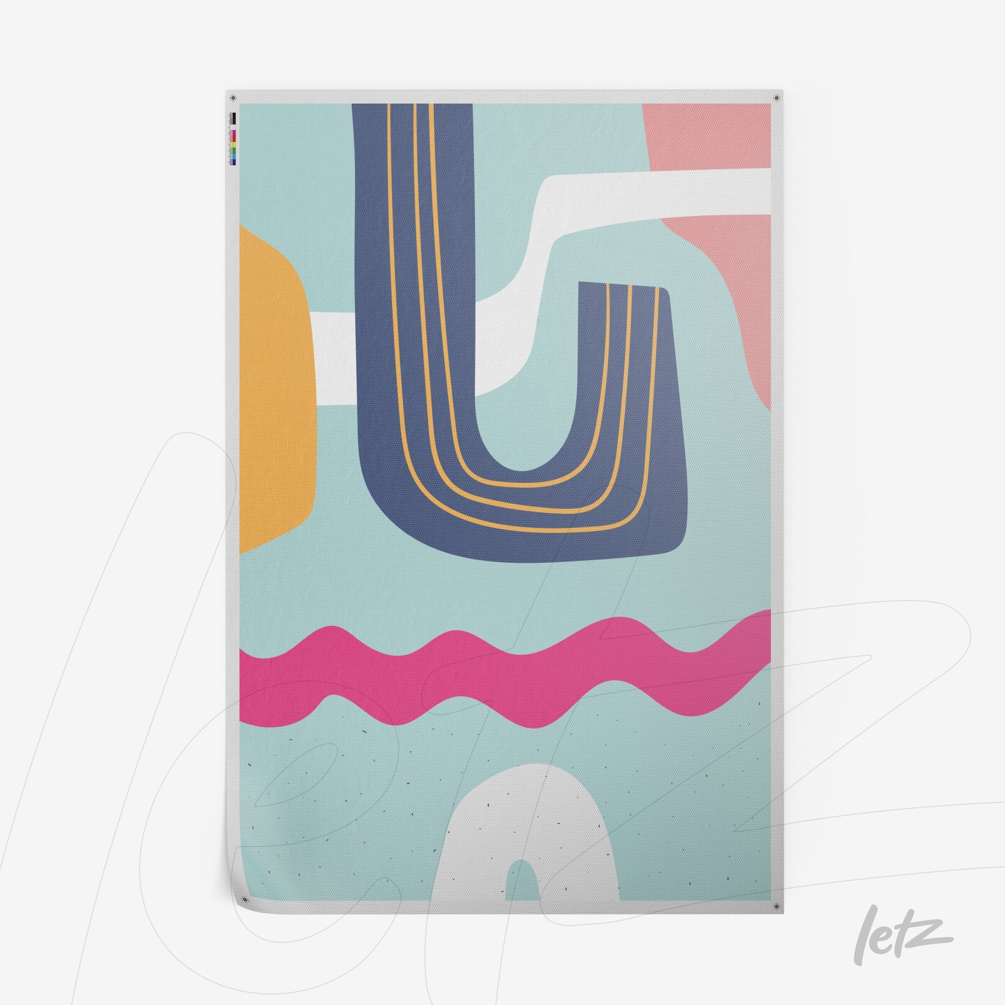 ```json
{
"alt": "impressão em canvas com design abstrato boho, cores modernas e formas geométricas em tons de azul, rosa, amarelo e branco",
"alt_en": "canvas print featuring abstract boho design with modern colors and geometric shapes in blue, pink, yellow, and white tones"
}
```