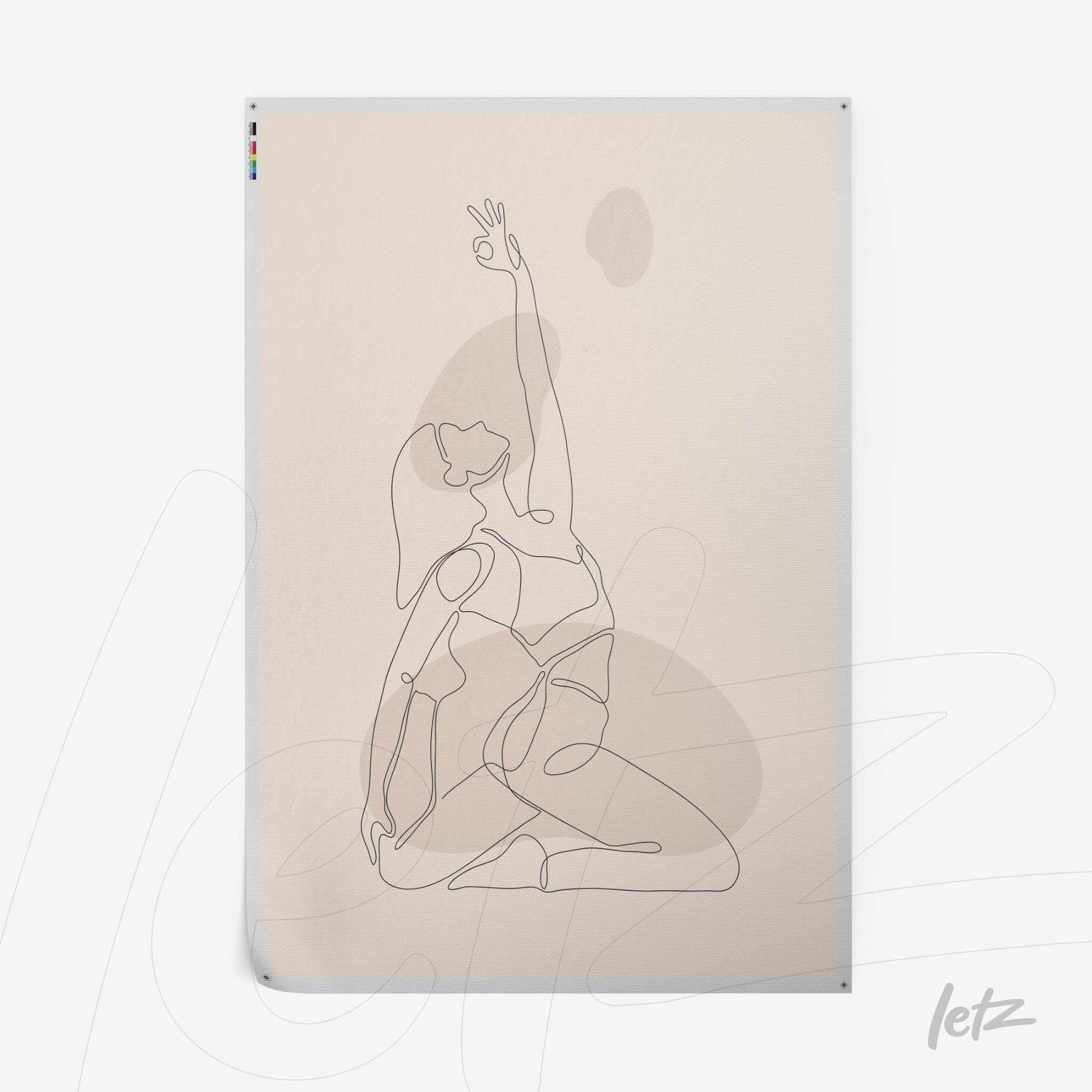 canvas featuring minimalist line drawing of a woman in an elegant pose against a beige background