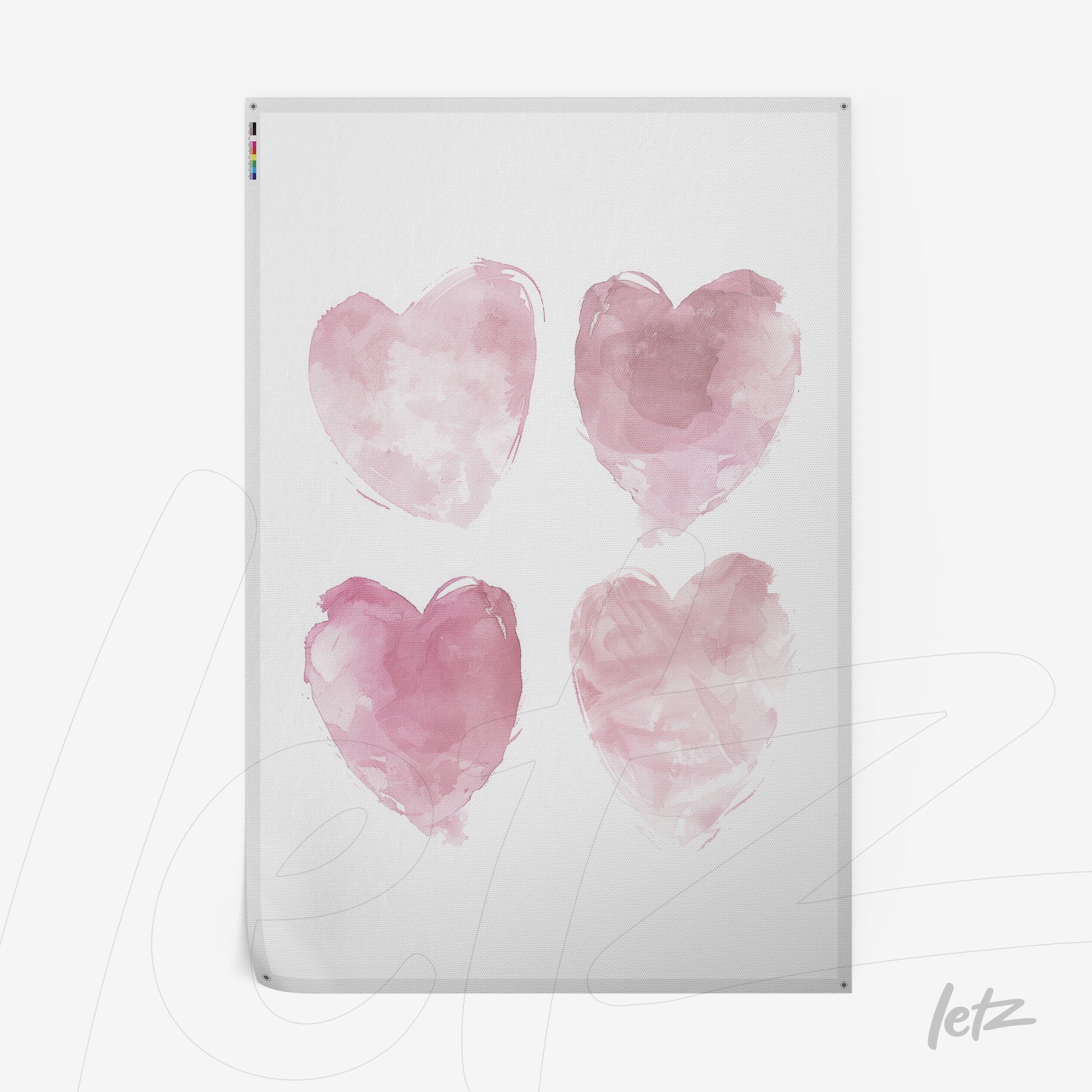 art print featuring four pink hearts on a white background