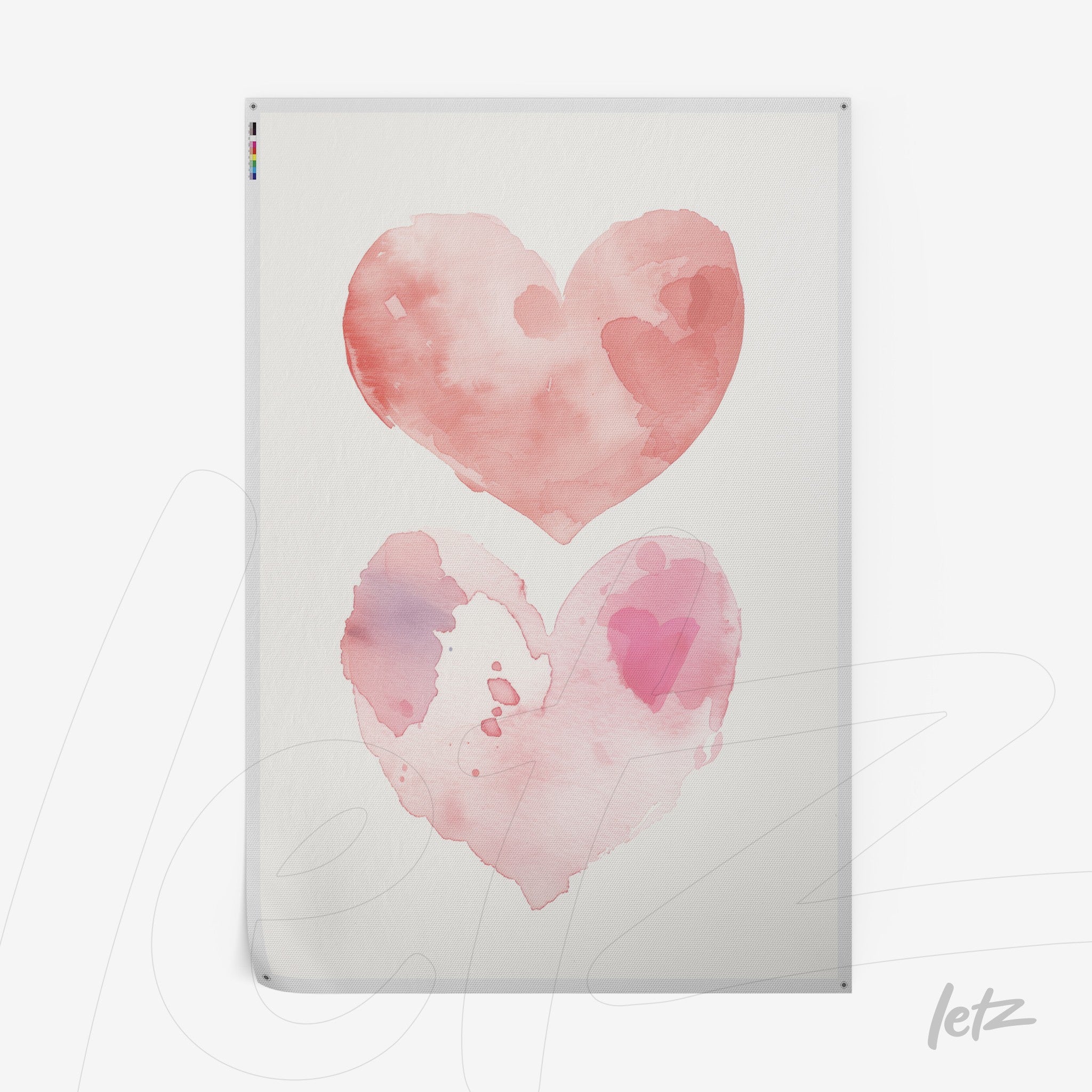 framed artwork featuring watercolor illustration of two hearts in pink shades on a light background